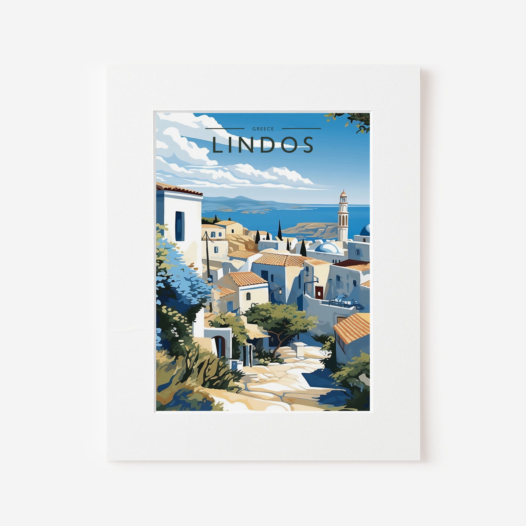 Lindos Travel Poster in a white mount