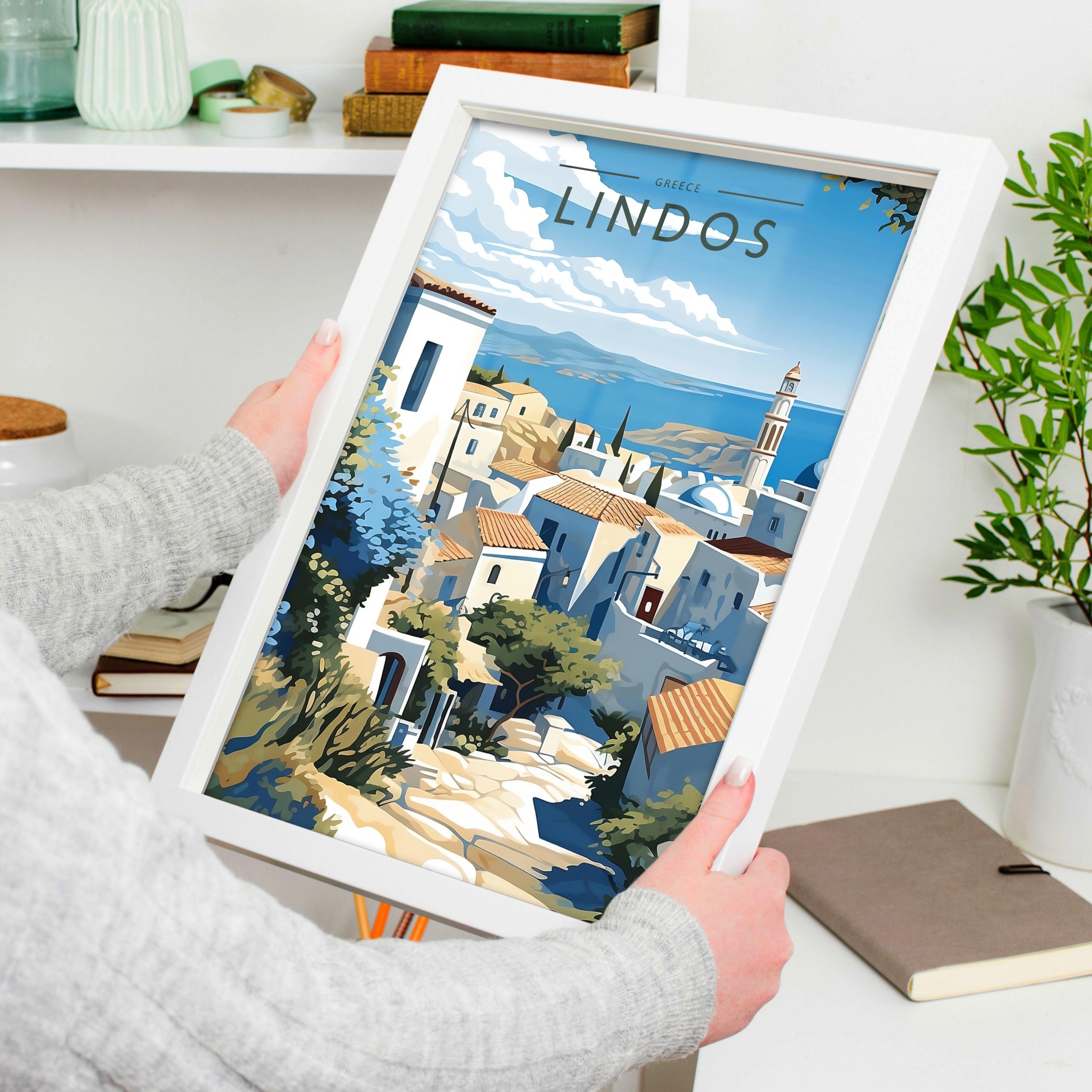 Lindos Travel Poster held in a white frame