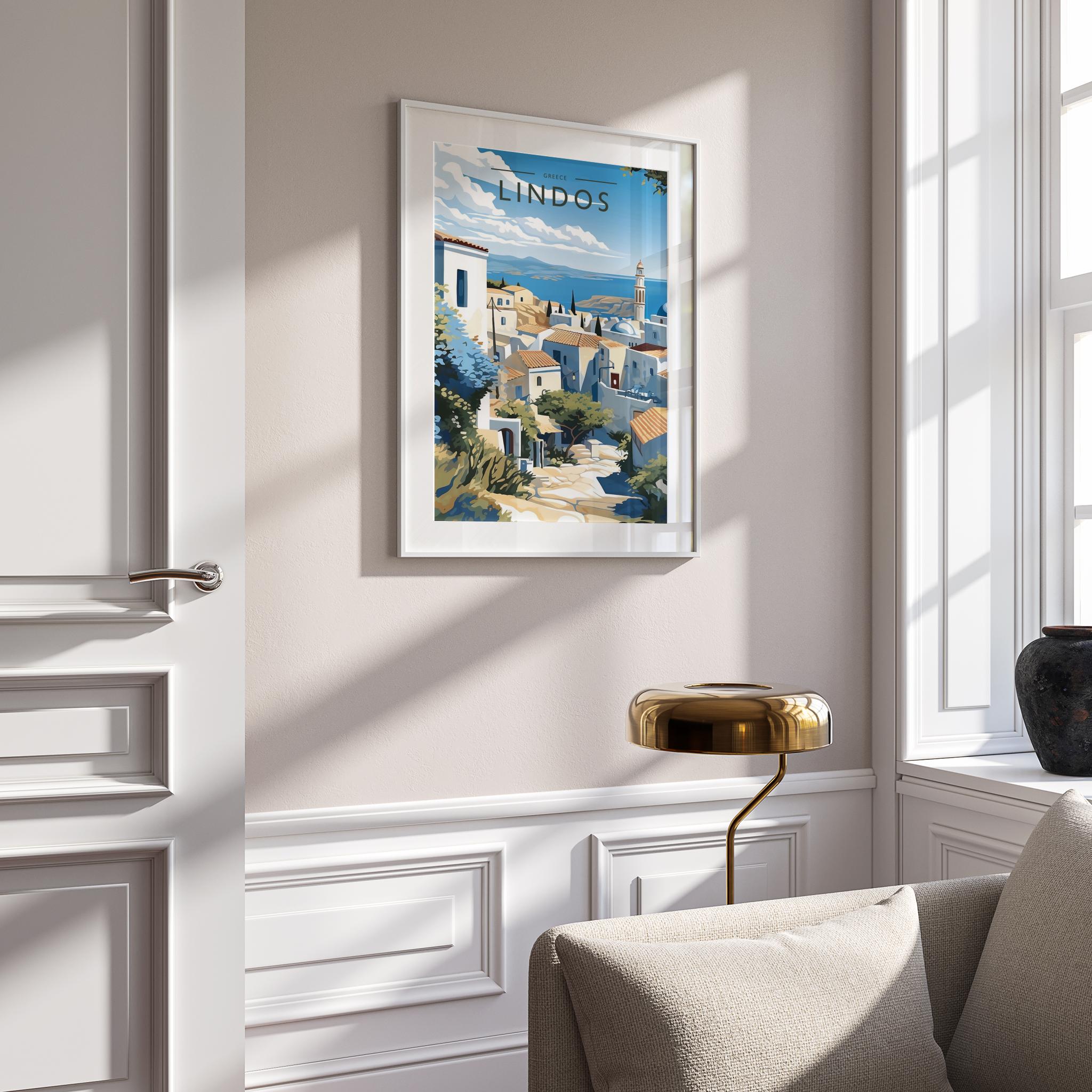 Lindos Travel Poster mounted in a white frame