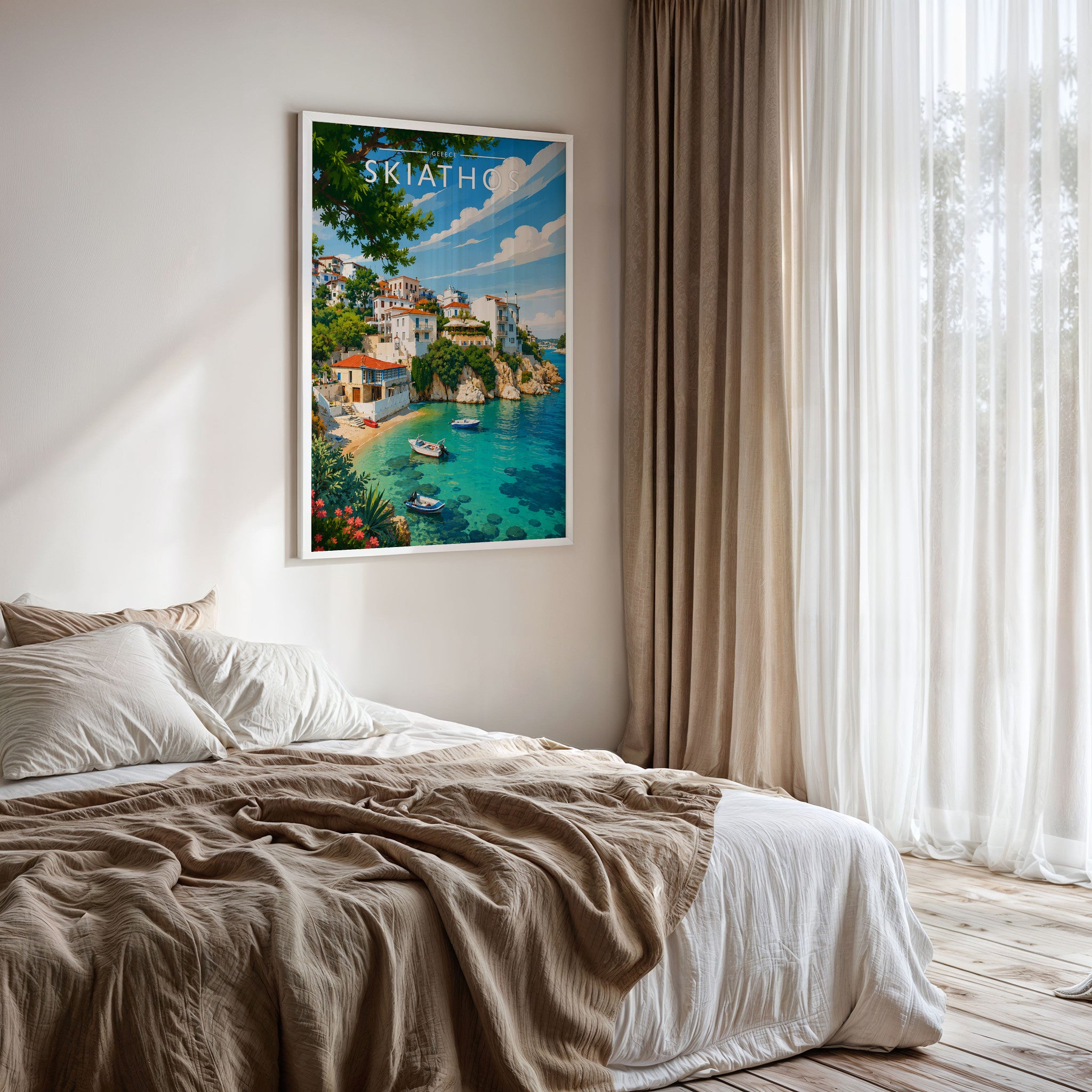 Skiathos #5 Travel Poster framed on a bedroom wall