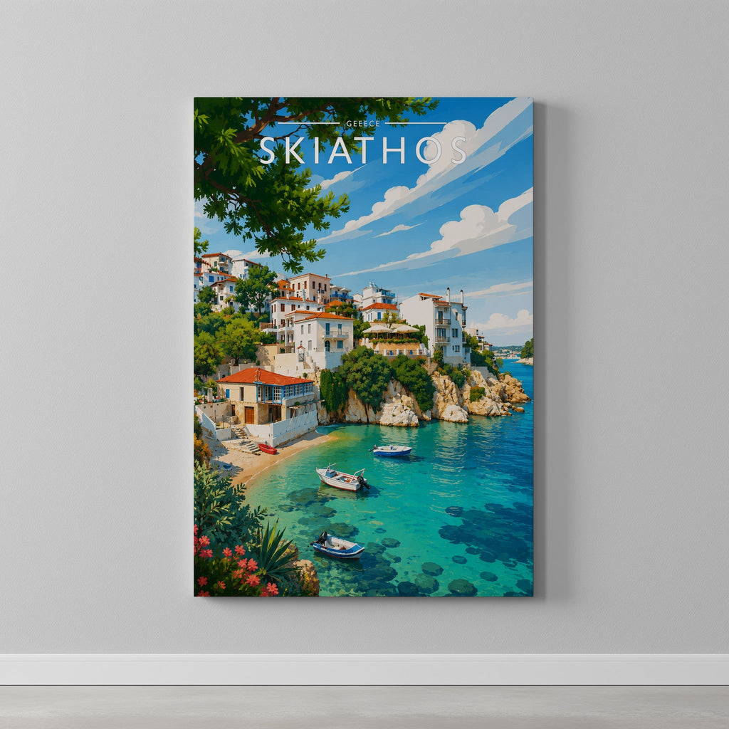 Skiathos #5 Travel Poster as a gallery-wrapped canvas on a plain wall