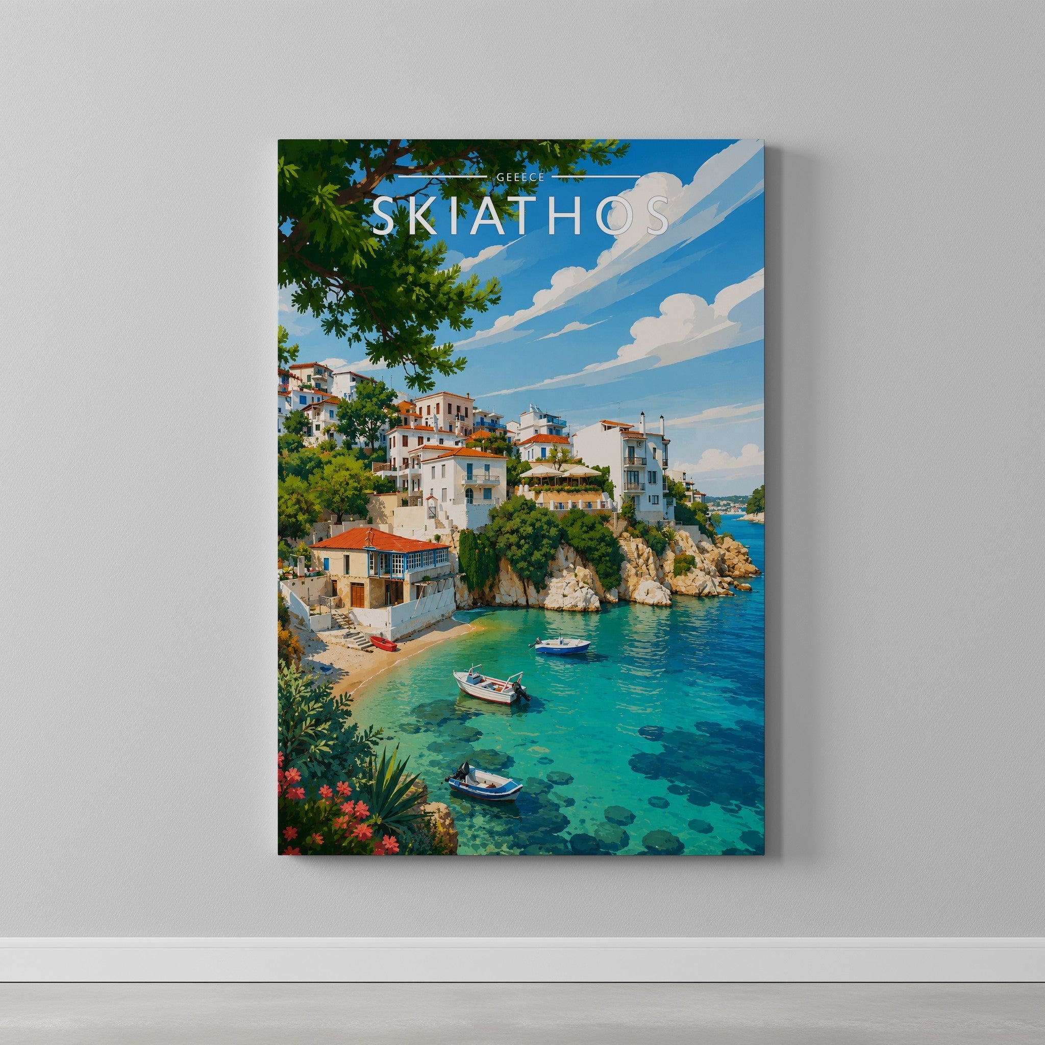 Skiathos #5 Travel Poster as a gallery-wrapped canvas on a plain wall