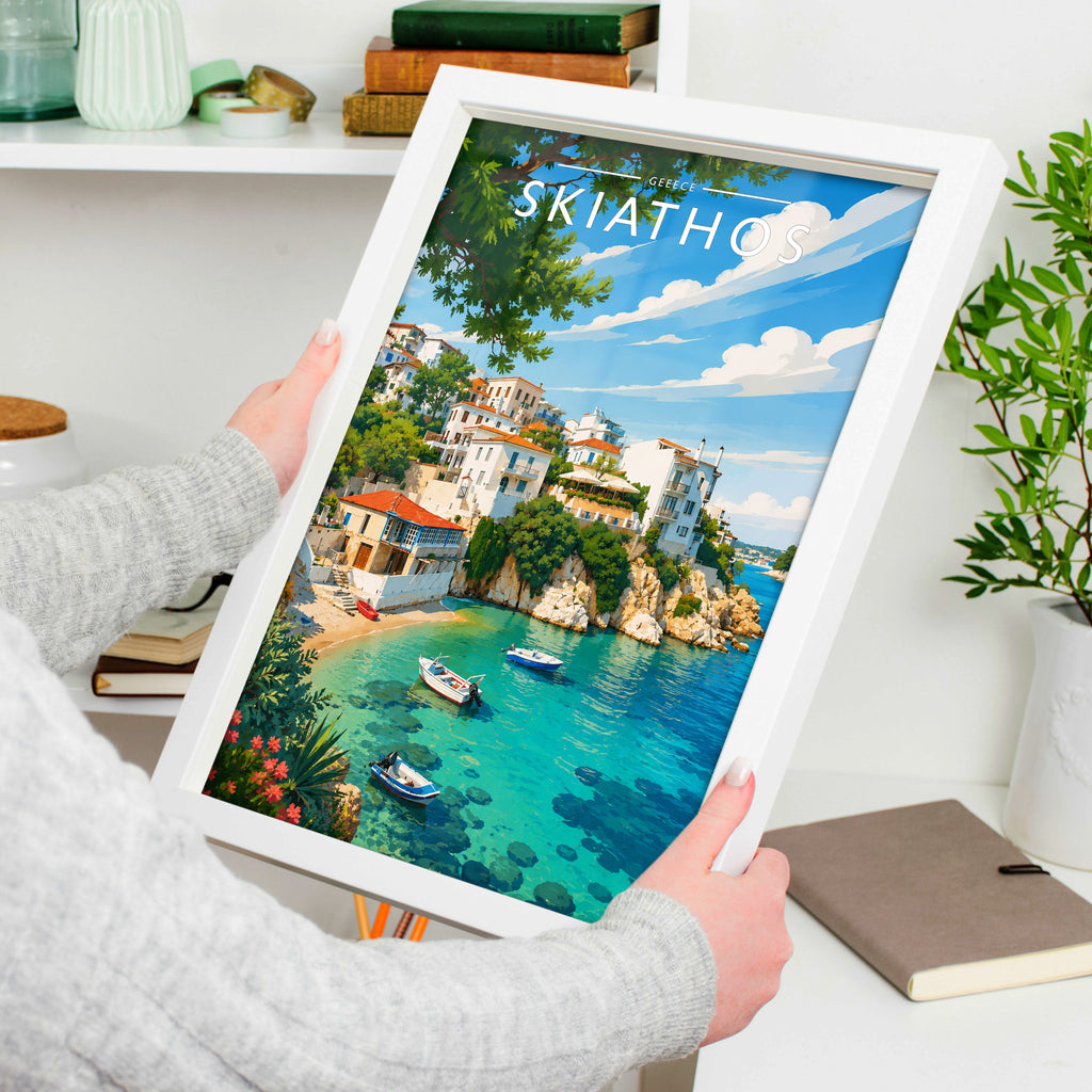 Skiathos #5 Travel Poster in a white frame, held to show scale