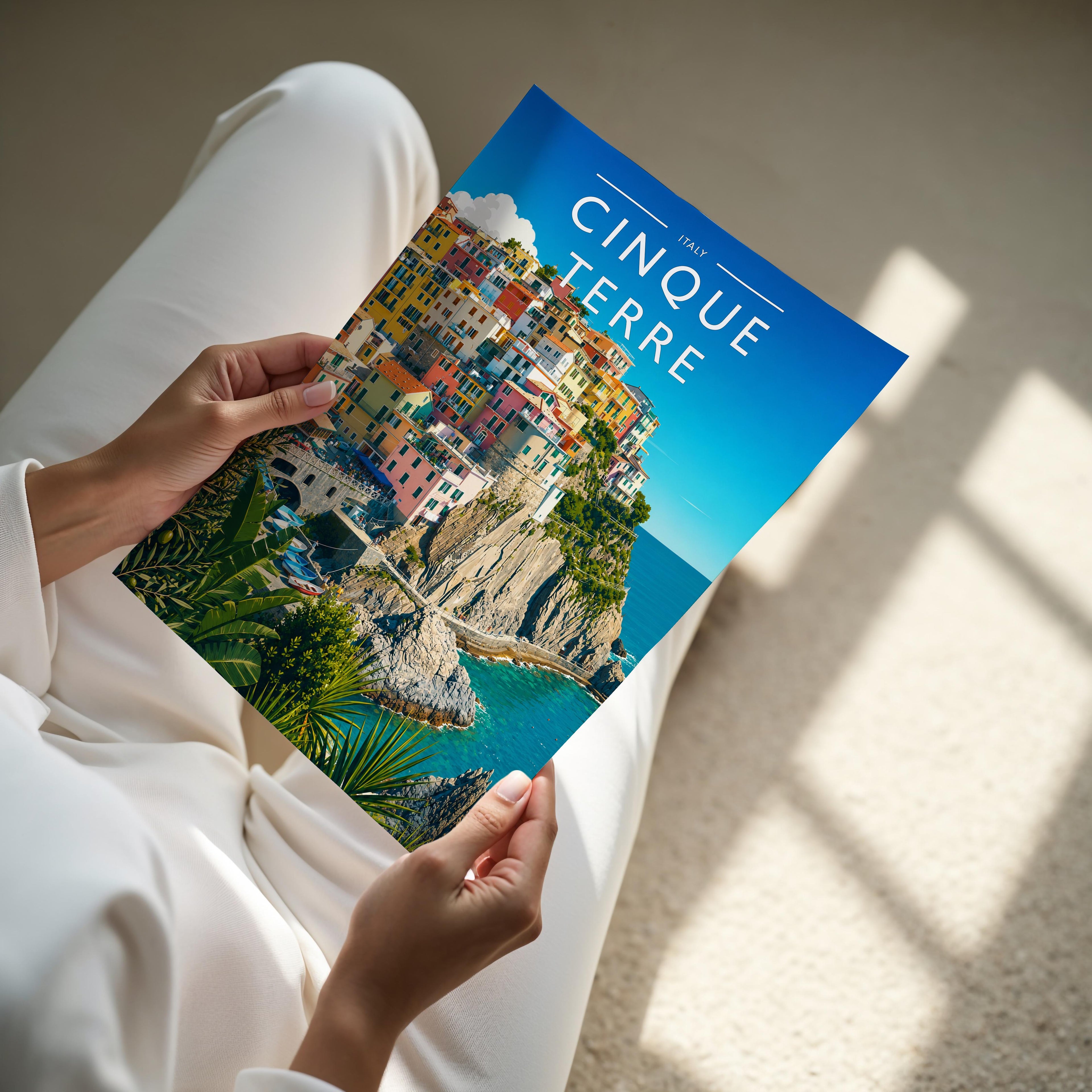 Cinque Terre Travel Poster - A4 print held in hand