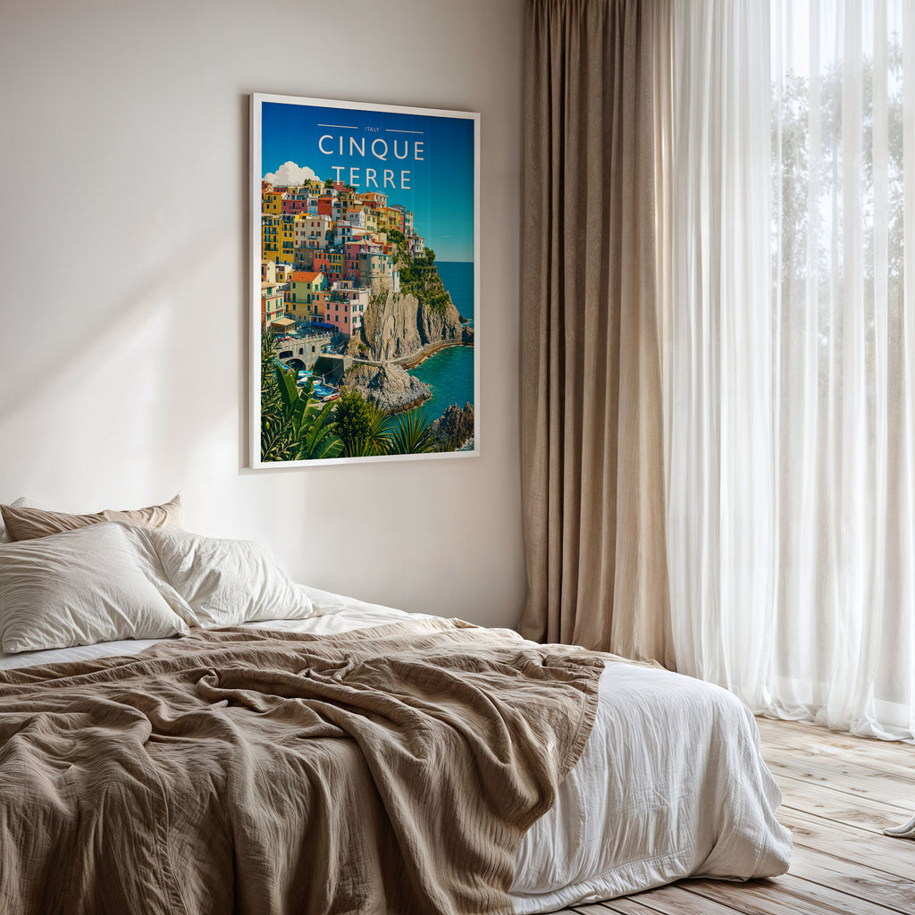 Cinque Terre Travel Poster framed on a bedroom wall