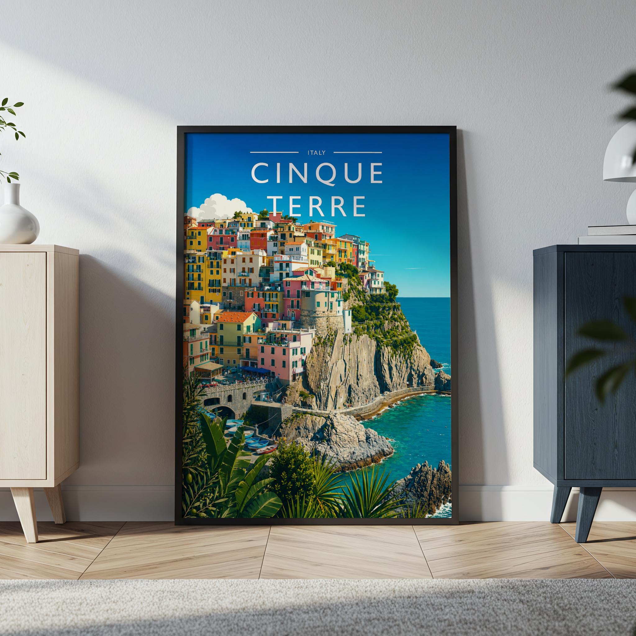 Cinque Terre Travel Poster in a black frame