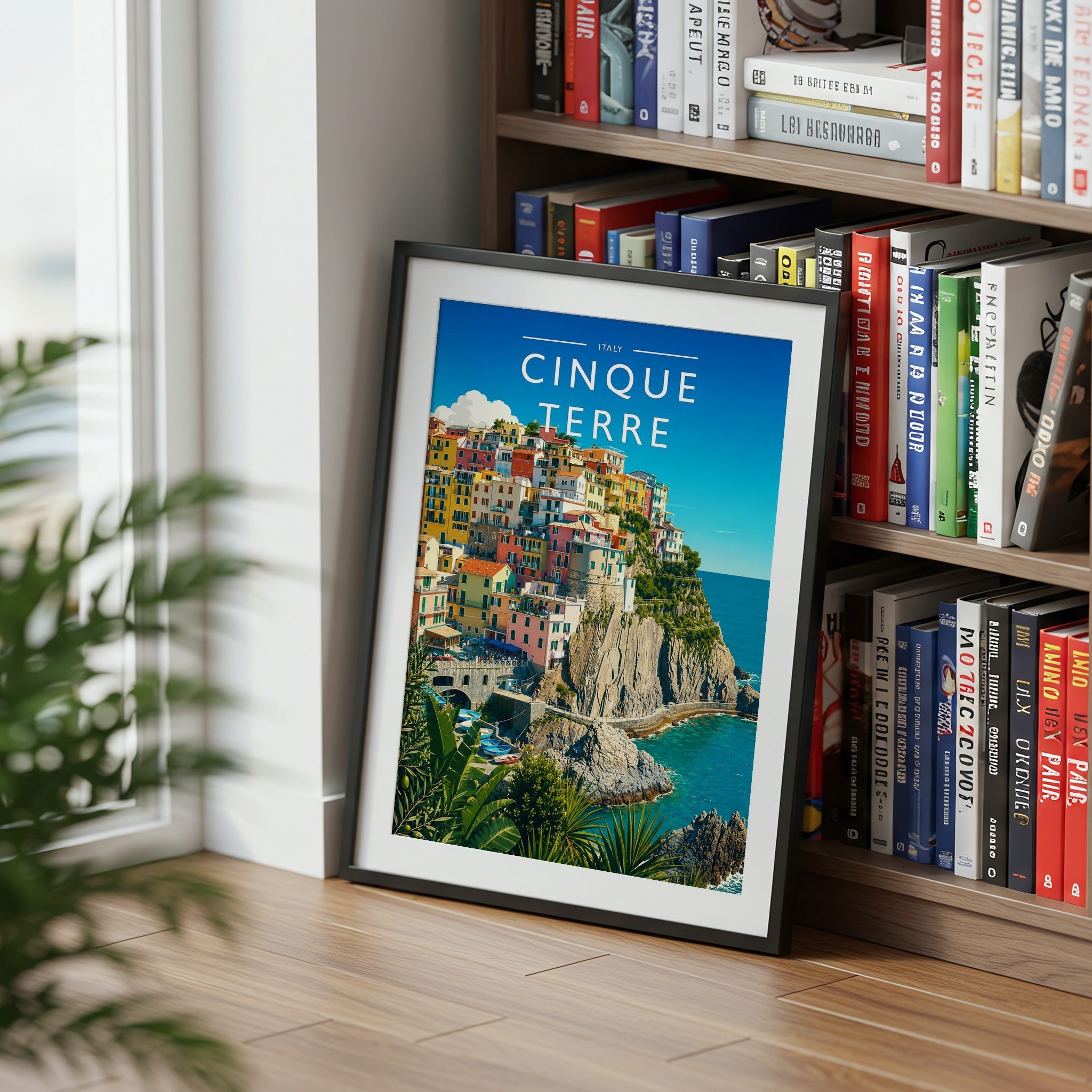 Cinque Terre Travel Poster mounted in a black frame