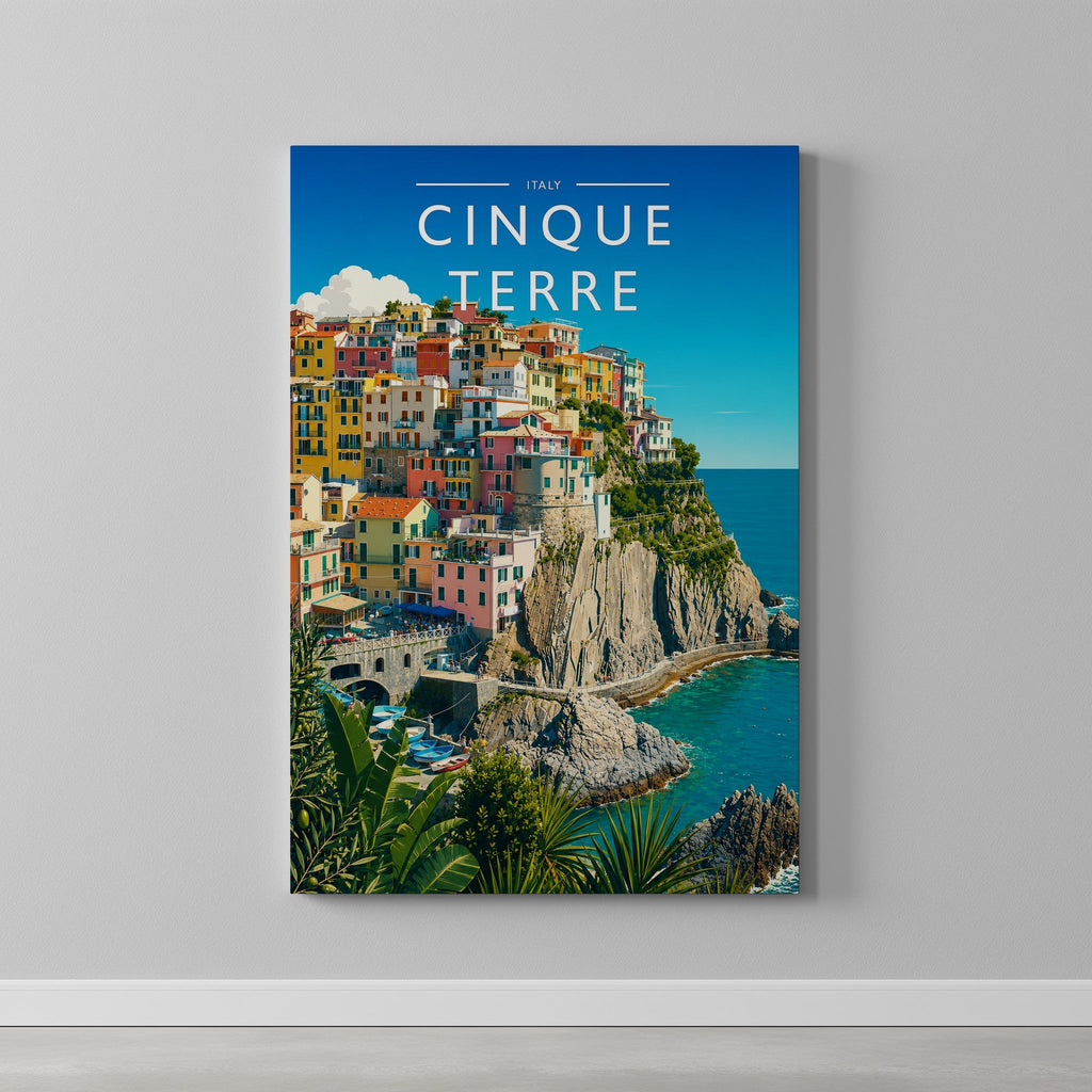 Cinque Terre Travel Poster as a gallery-wrapped canvas on a plain wall