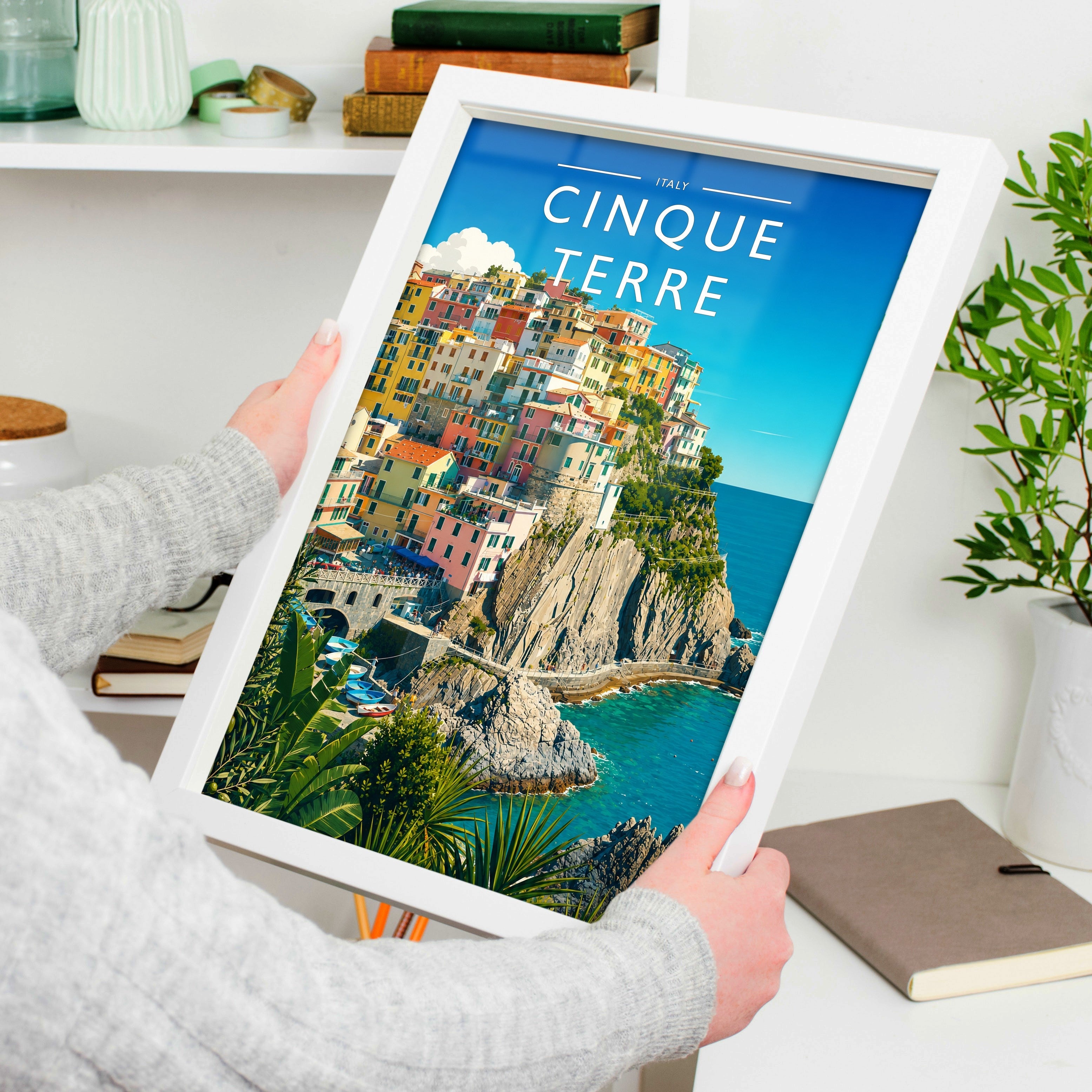 Cinque Terre Travel Poster held in a white frame