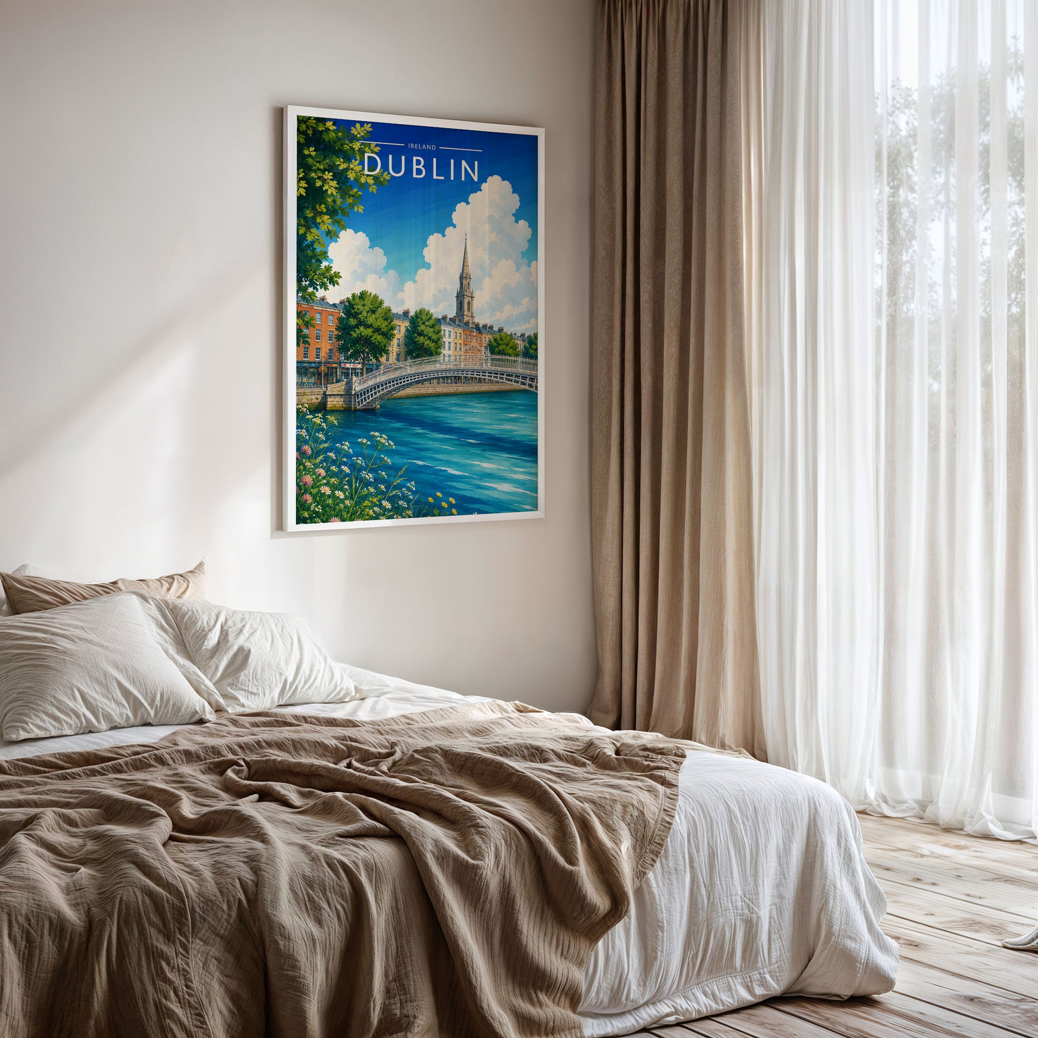 Dublin #5 Travel Poster framed on a bedroom wall