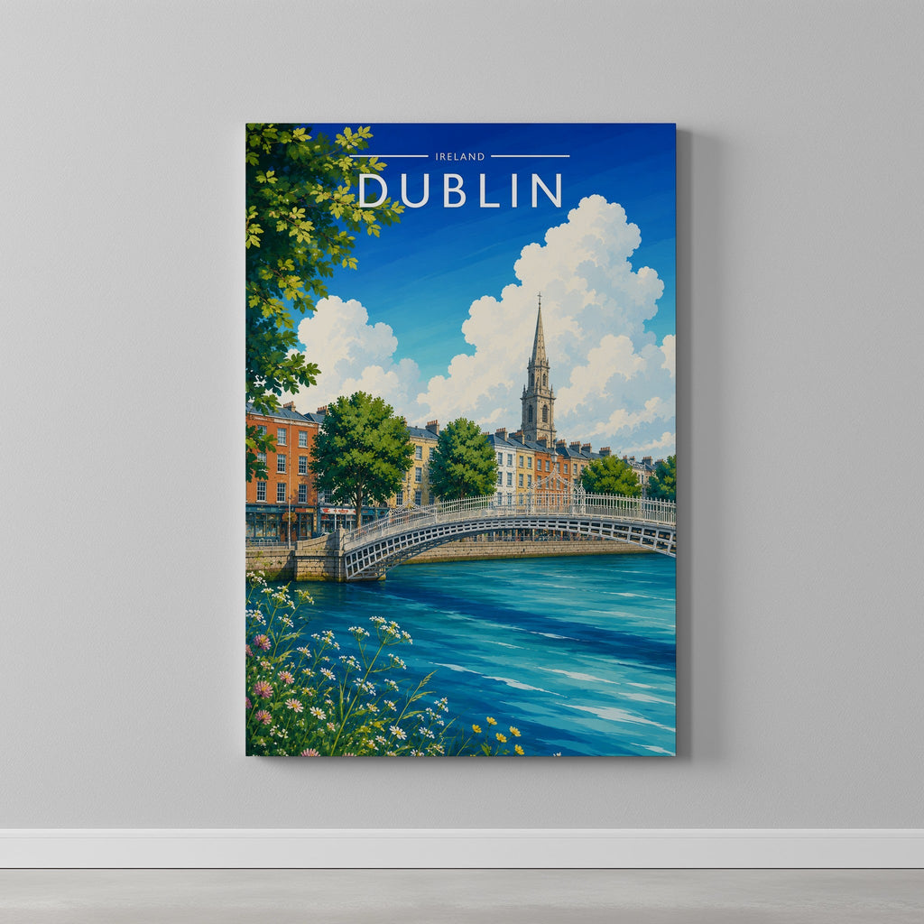 Dublin #5 Travel Poster as a gallery-wrapped canvas on a plain wall