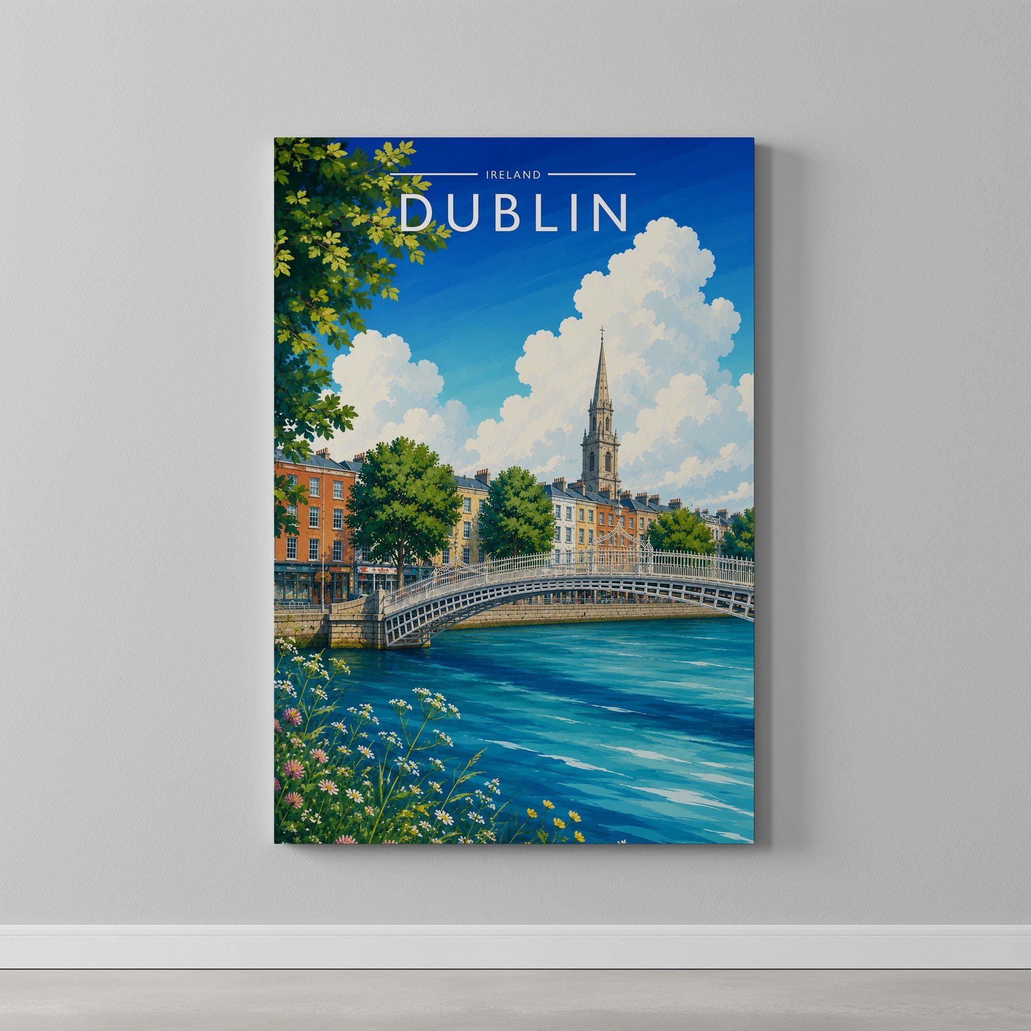 Dublin #5 Travel Poster as a gallery-wrapped canvas on a plain wall