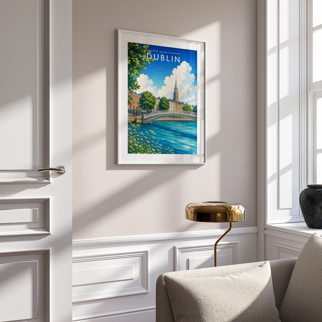 Dublin #5 Travel Poster in a white frame on a panelled wall
