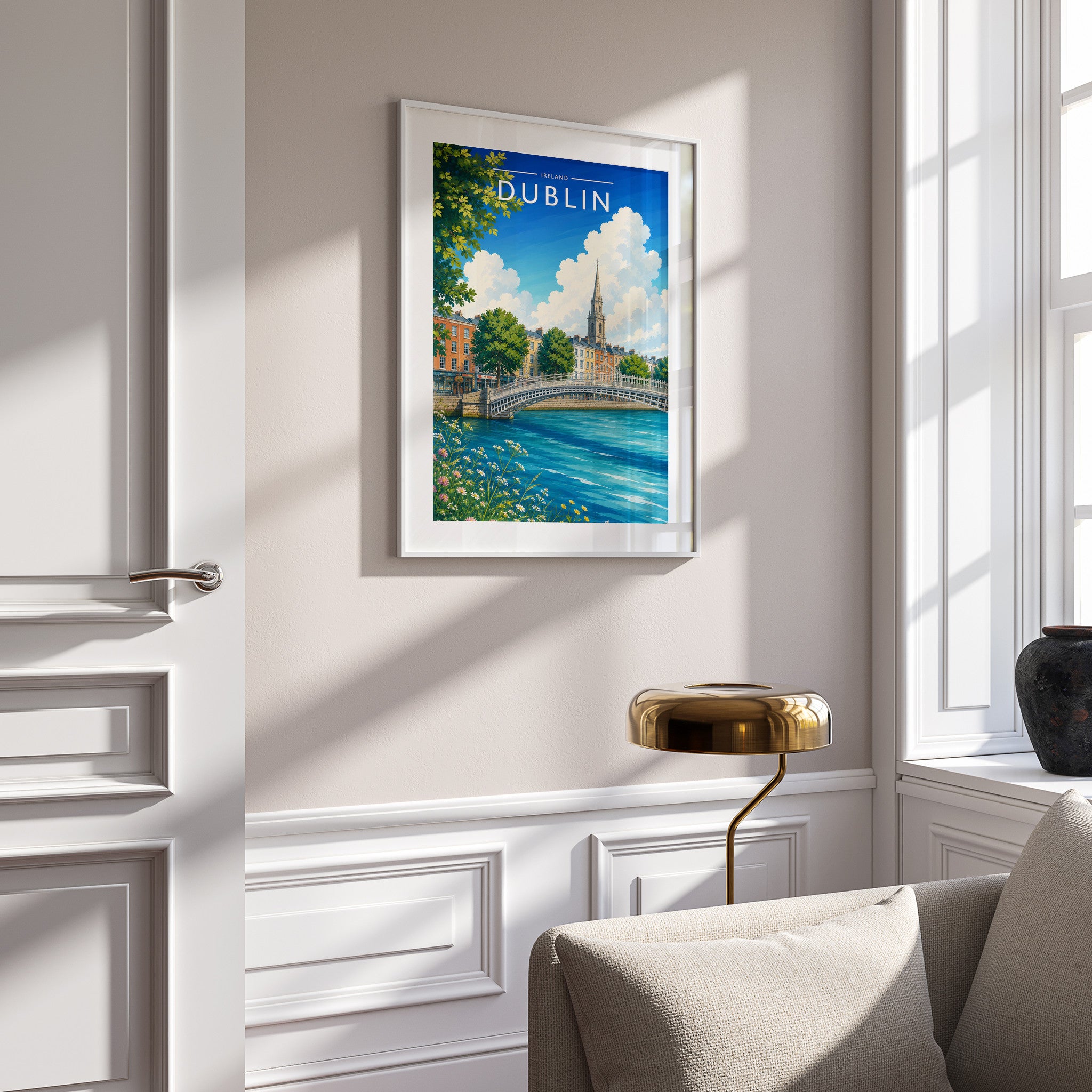 Dublin #5 Travel Poster in a white frame on a panelled wall