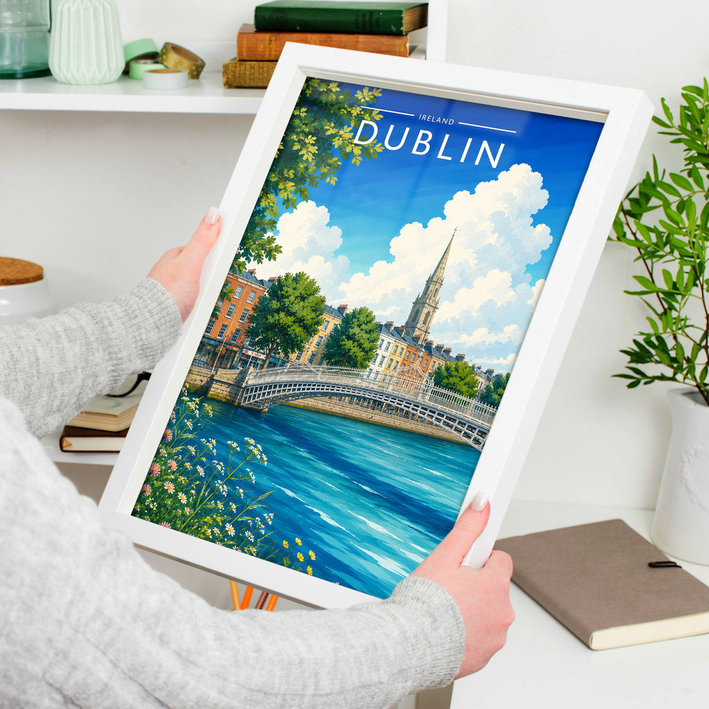 Dublin #5 Travel Poster in a white frame, held to show scale