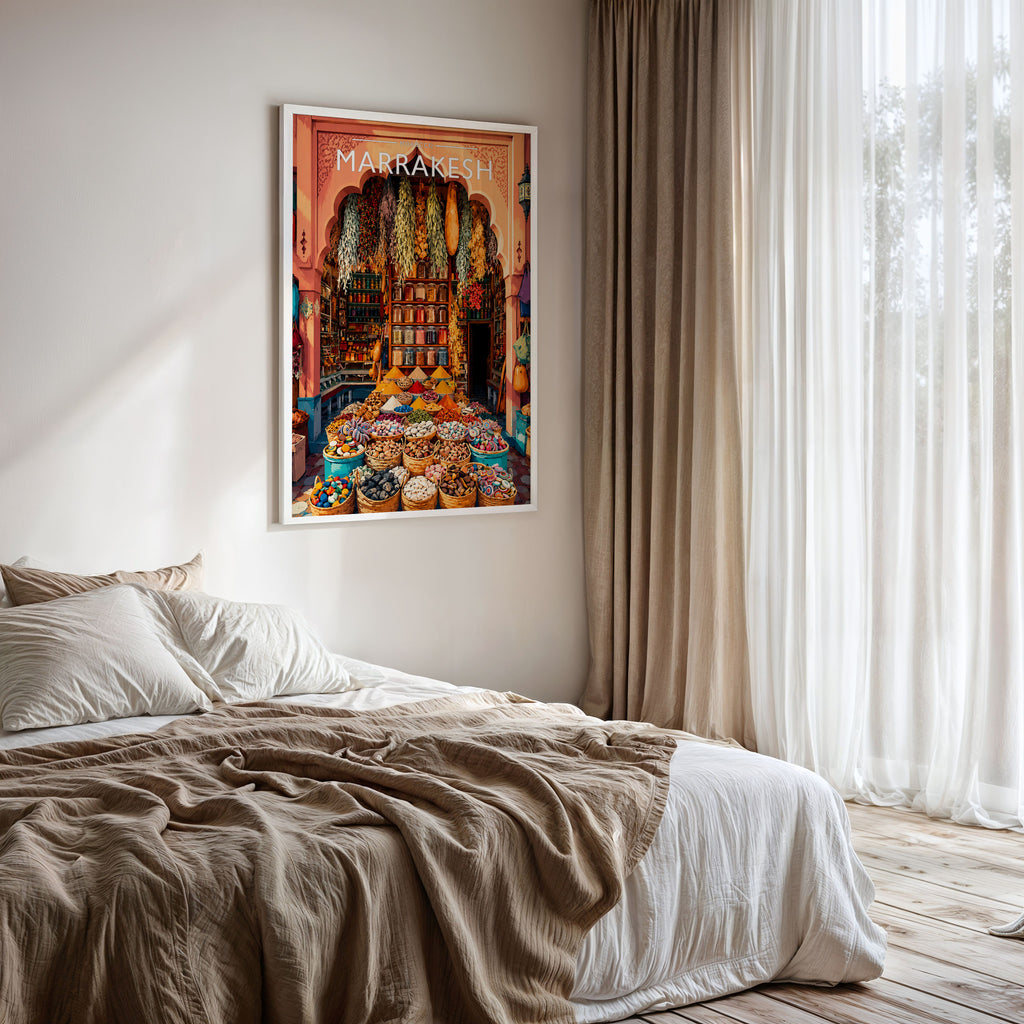 Marrakesh Travel Poster framed on a bedroom wall