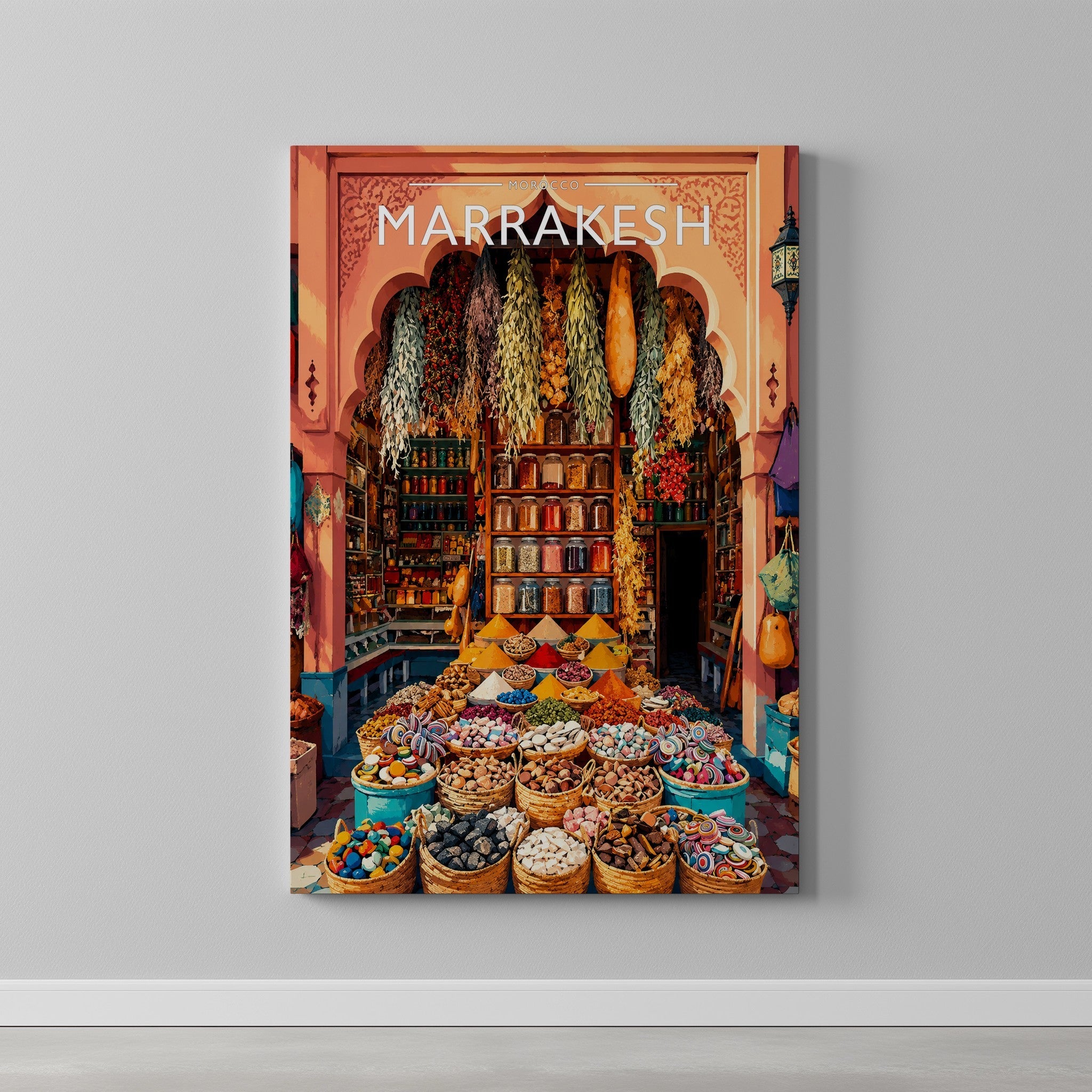 Marrakesh Travel Poster as a gallery-wrapped canvas on a plain wall