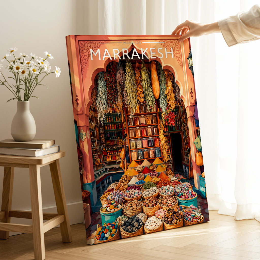 Marrakesh Travel Poster as a gallery-wrapped canvas