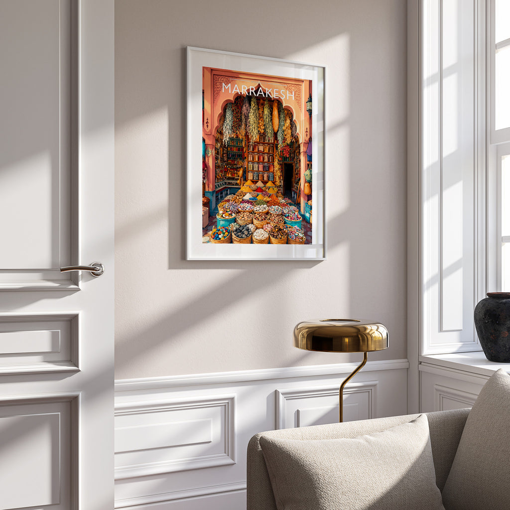 Marrakesh Travel Poster in a white frame on a panelled wall