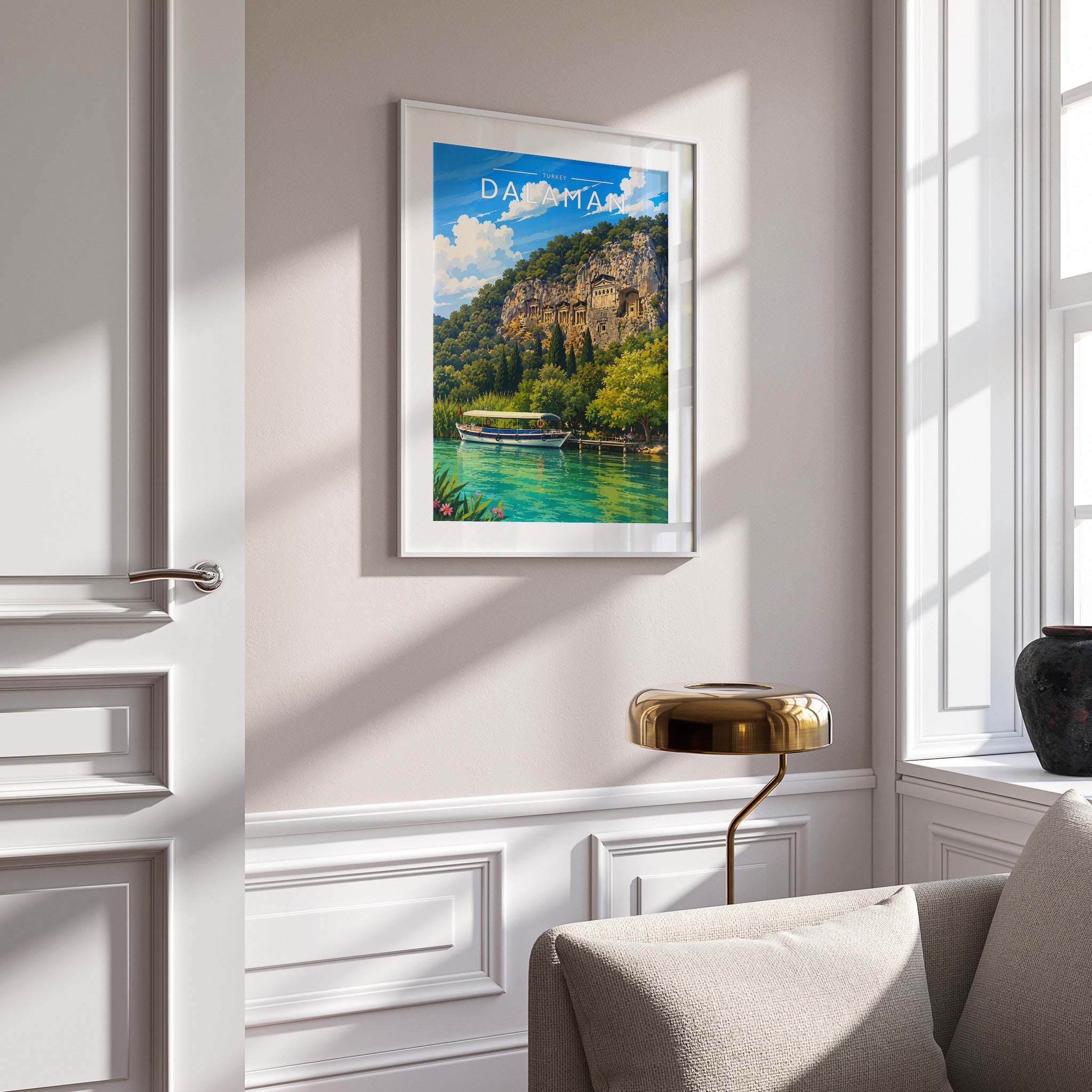 Dalaman #3 Travel Poster in a white frame on a panelled wall