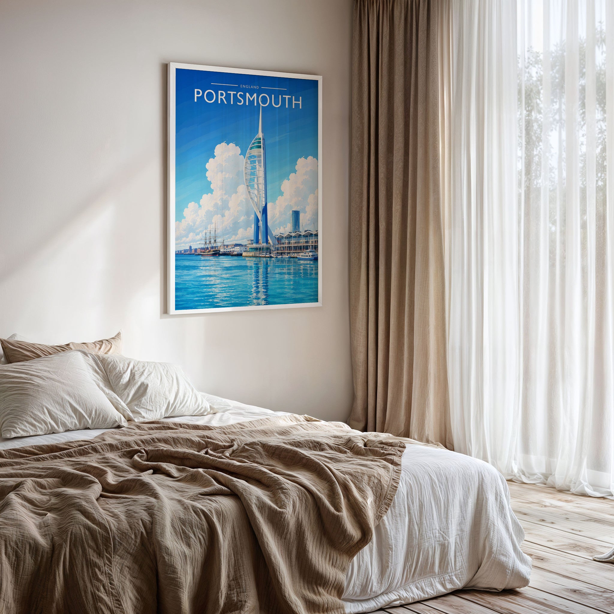 Portsmouth Travel Poster framed on a bedroom wall