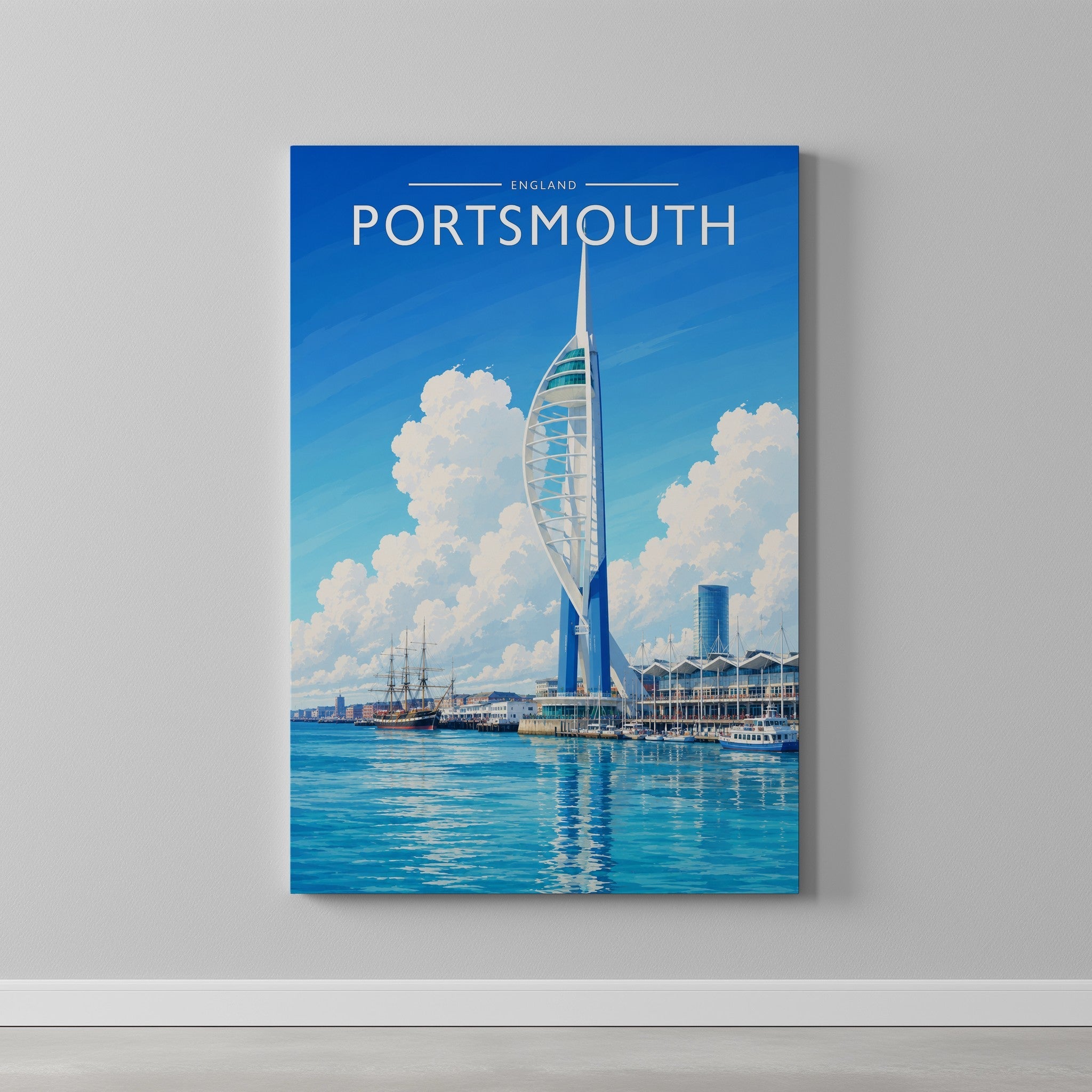 Portsmouth Travel Poster as a gallery-wrapped canvas on a plain wall