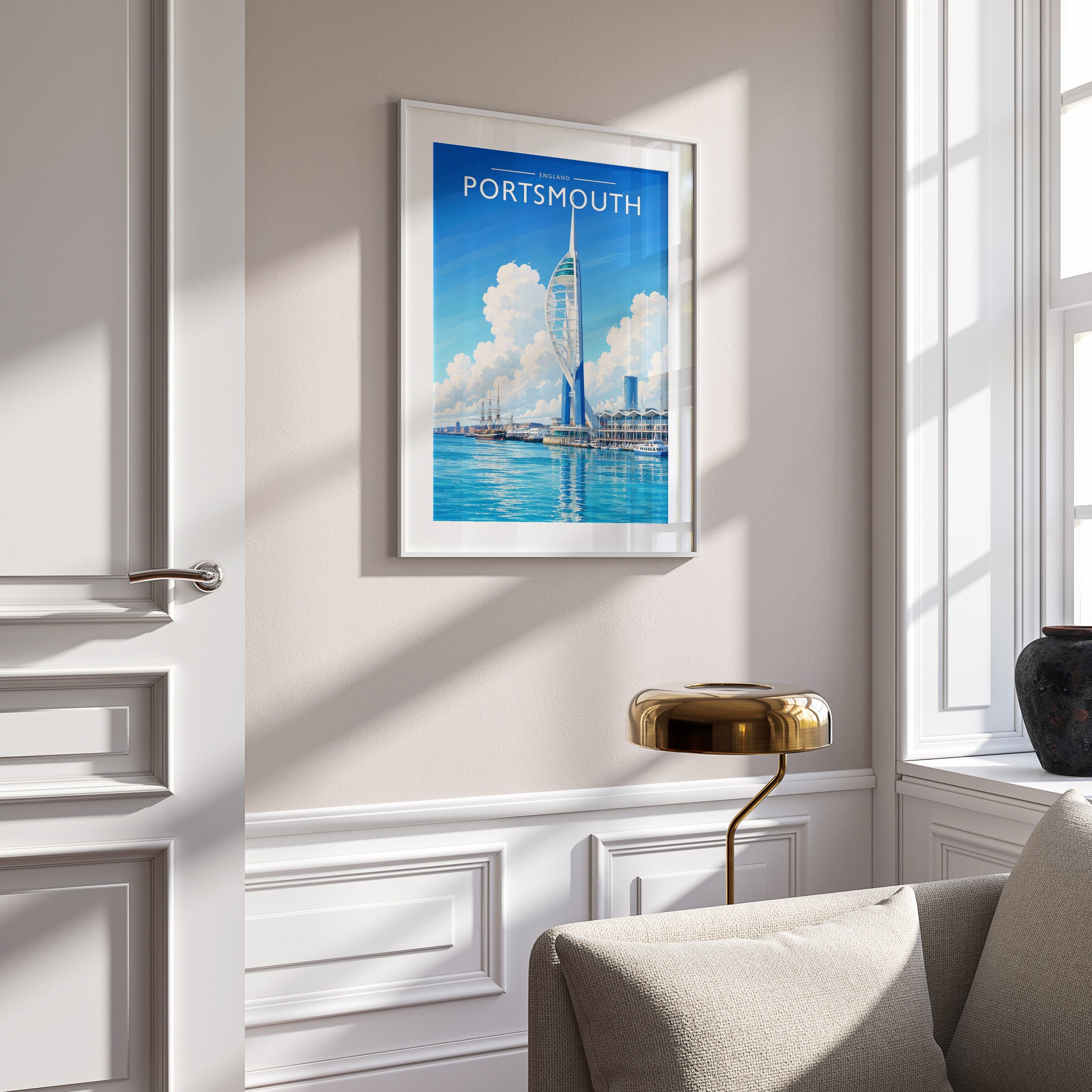 Portsmouth Travel Poster in a white frame on a panelled wall