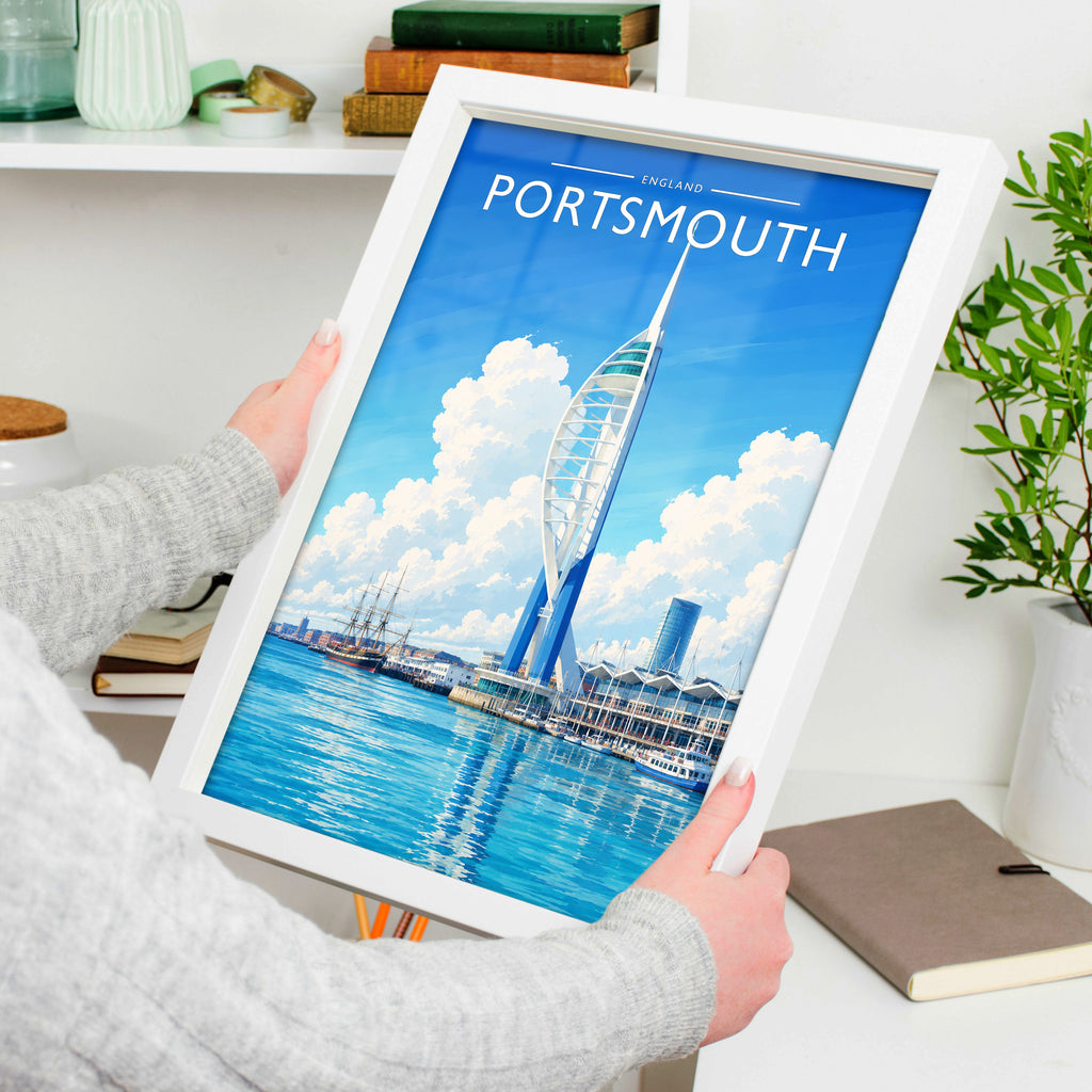 Portsmouth Travel Poster in a white frame, held to show scale