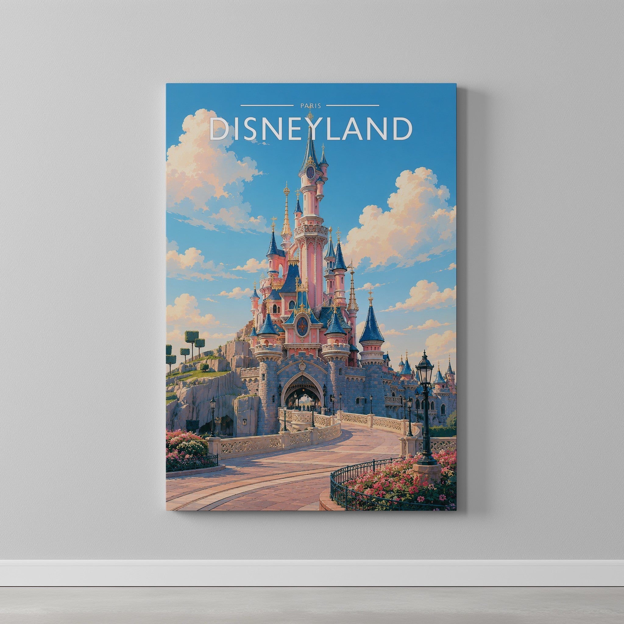 Paris #6 Travel Poster as a gallery-wrapped canvas on a plain wall