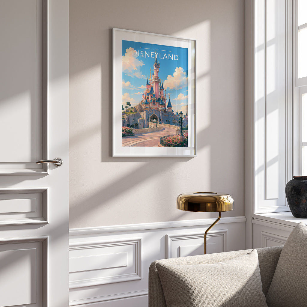 Paris #6 Travel Poster in a white frame on a panelled wall