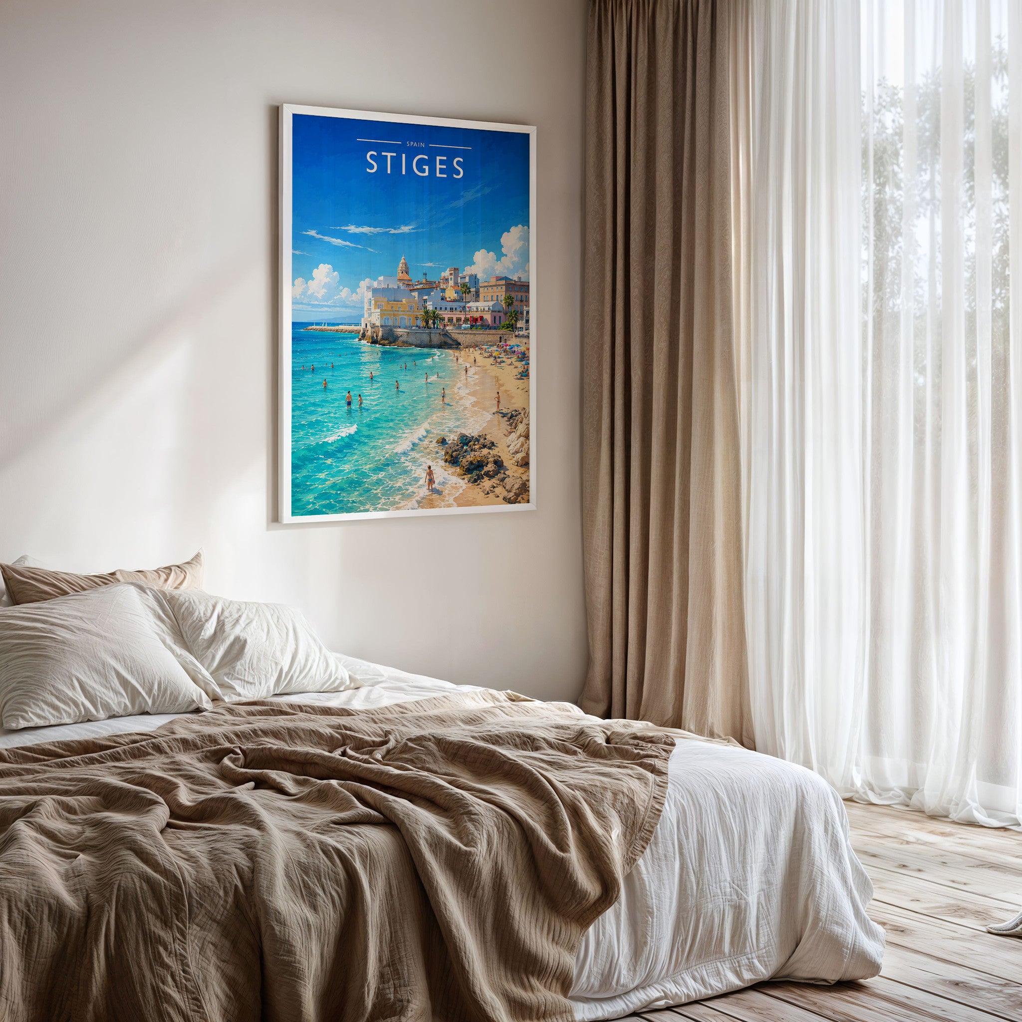 Sitges Travel Poster framed on a bedroom wall