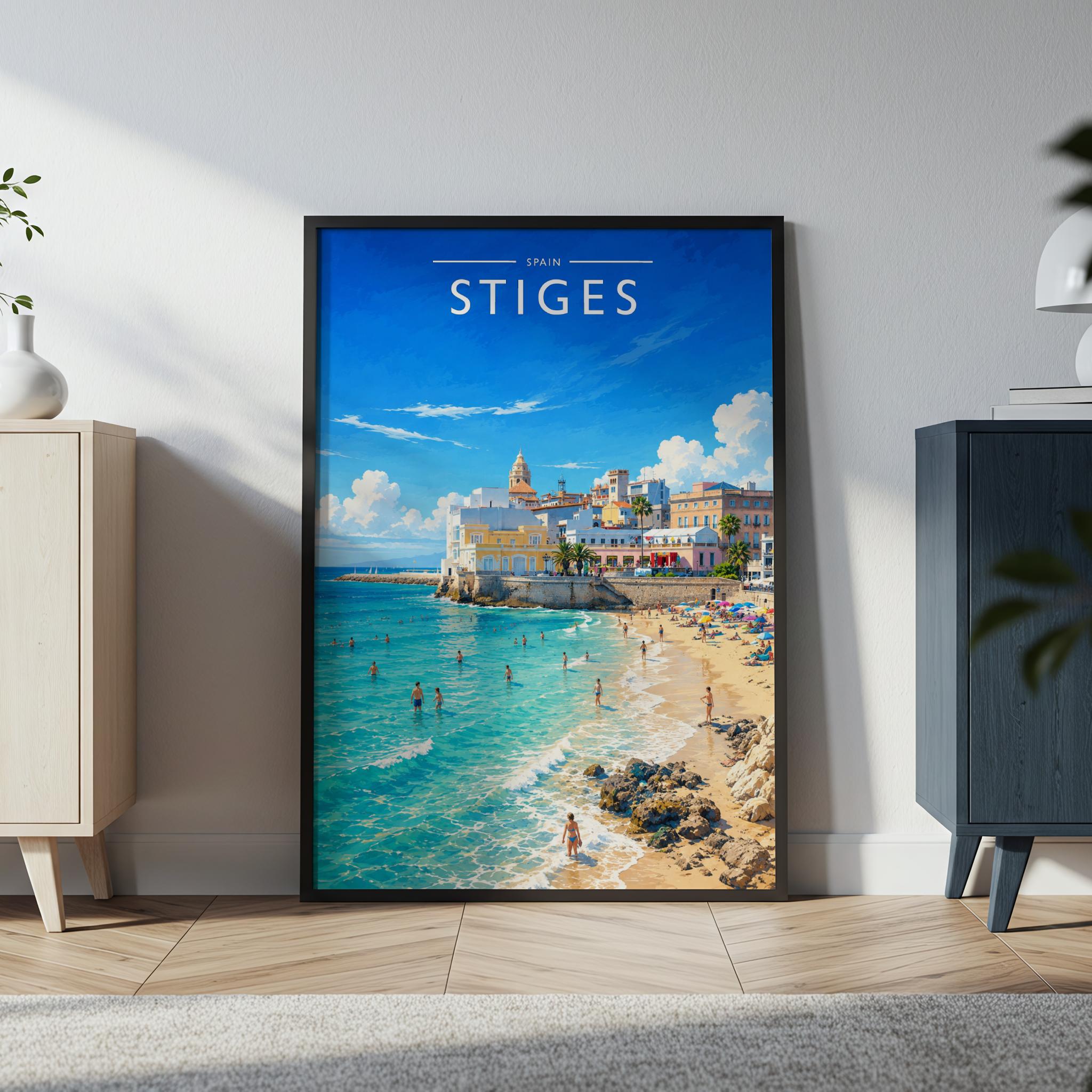 Sitges Travel Poster in a black frame
