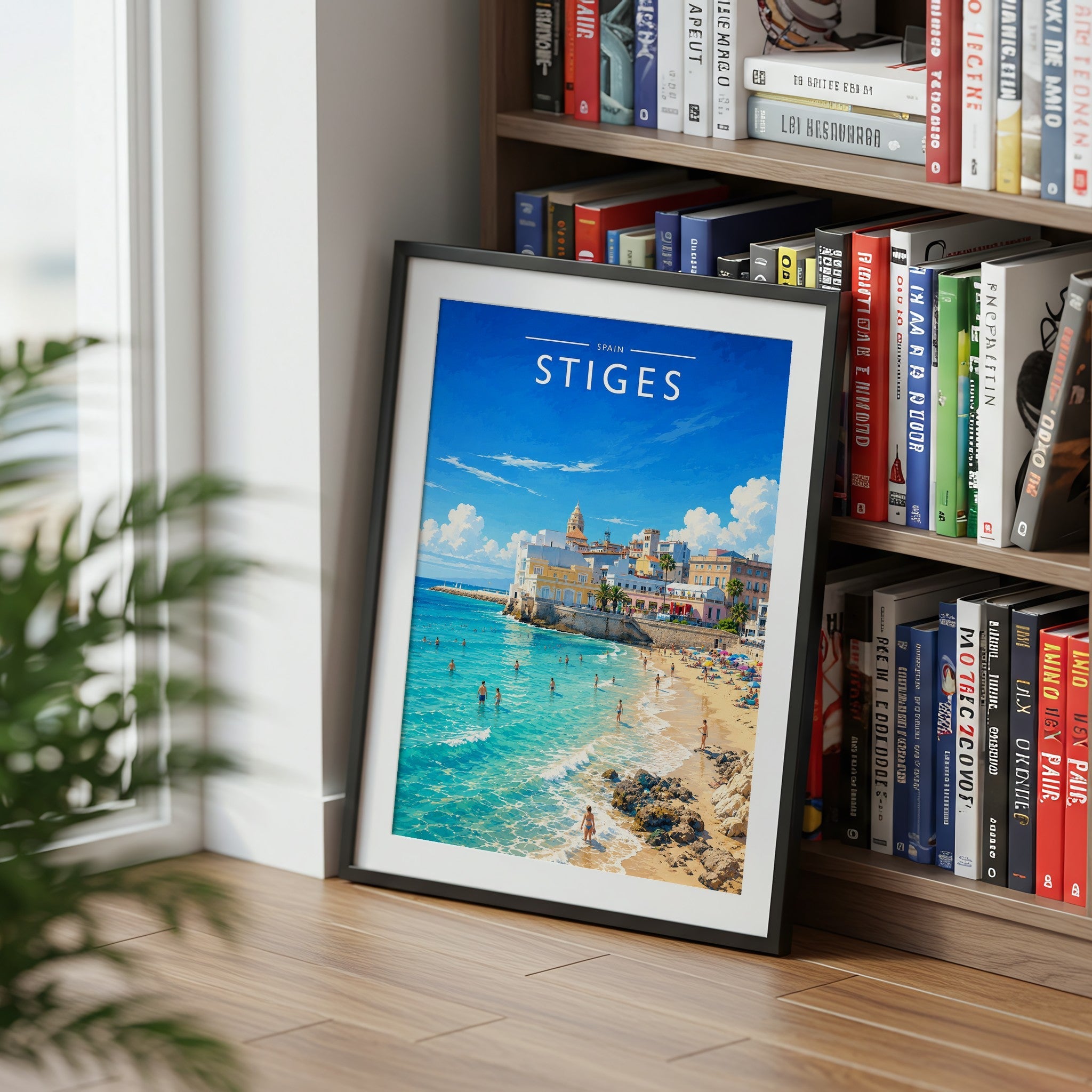 Sitges Travel Poster mounted in a black frame