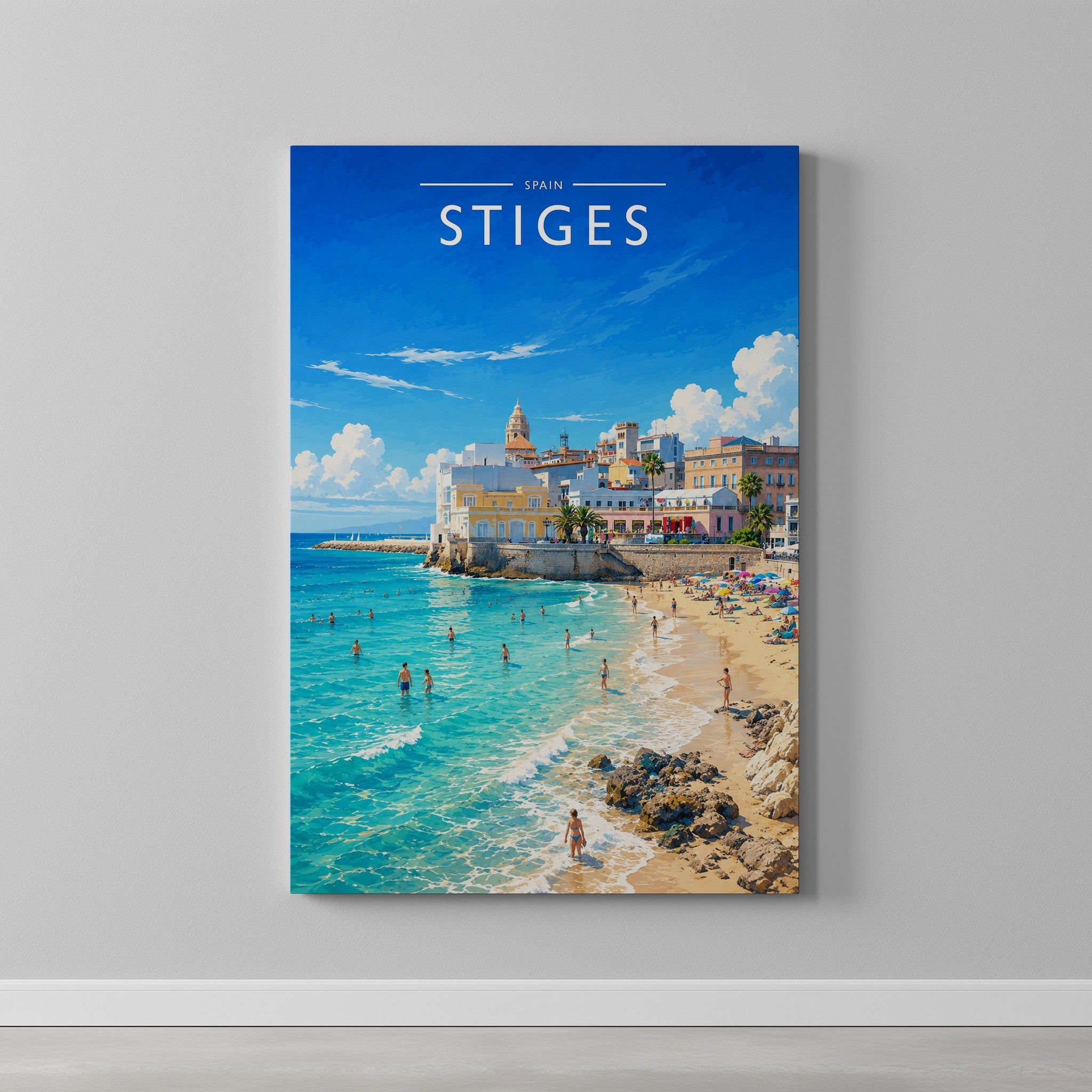 Sitges Travel Poster as a gallery-wrapped canvas on a plain wall