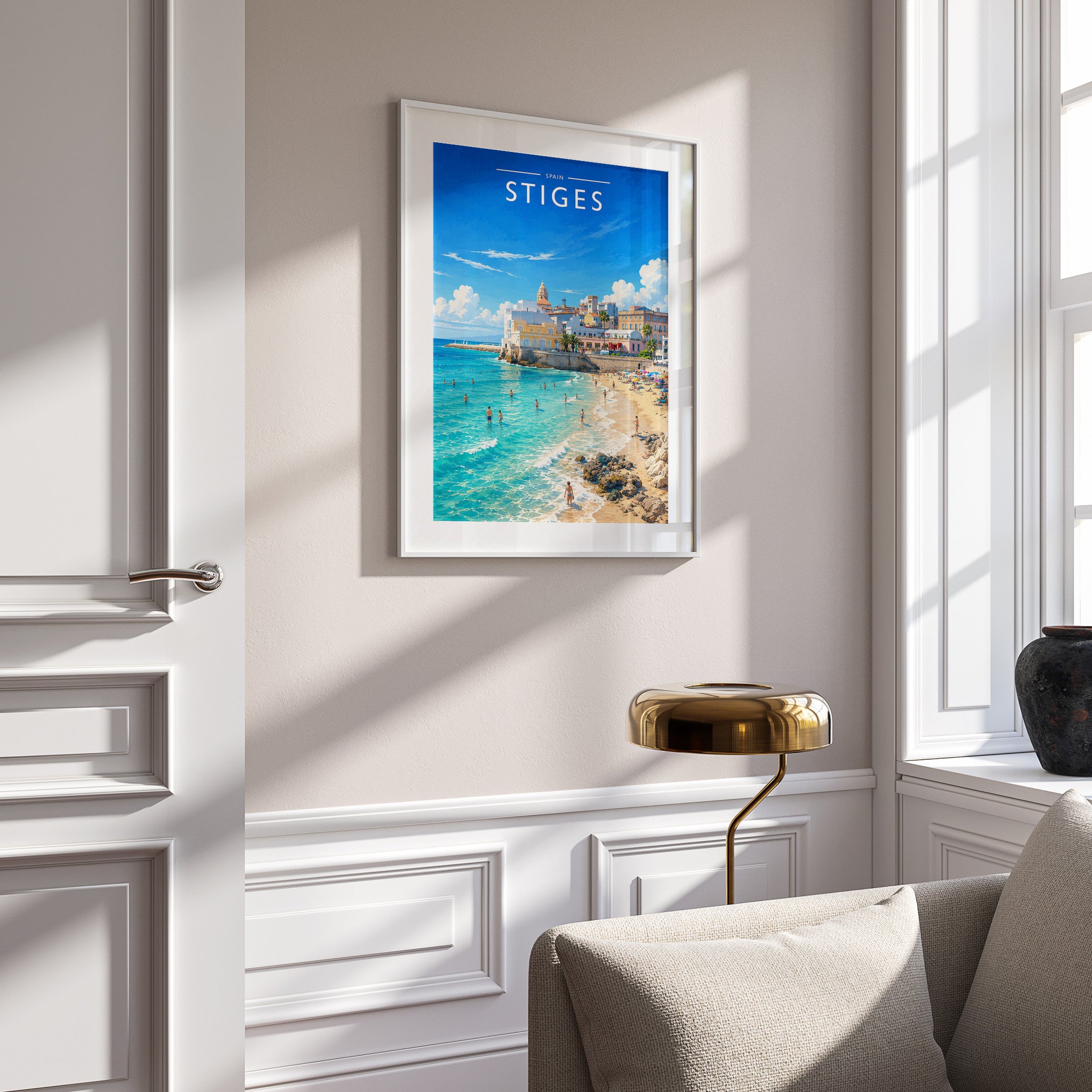 Sitges Travel Poster in a white frame on a panelled wall