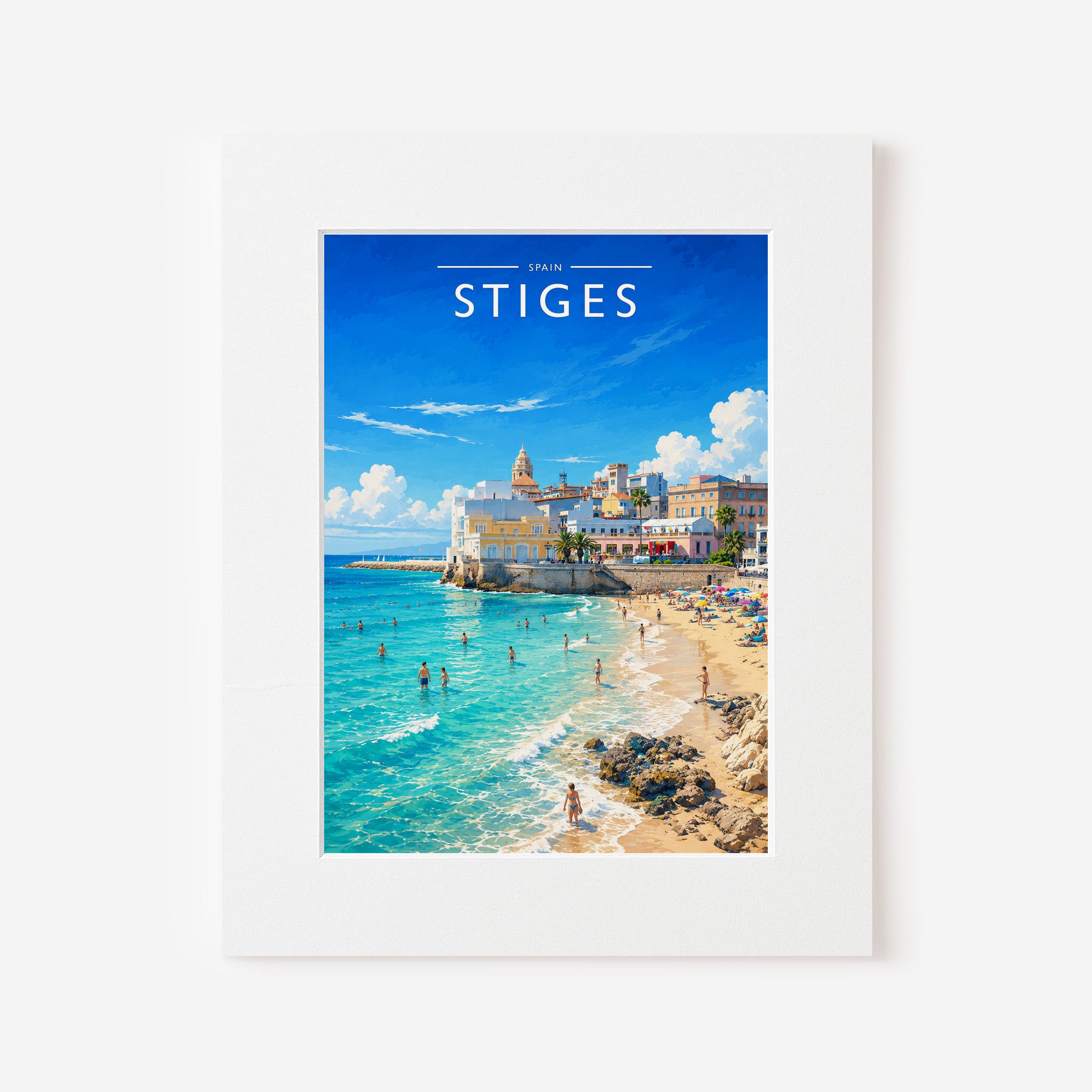 Sitges Travel Poster in a white mount