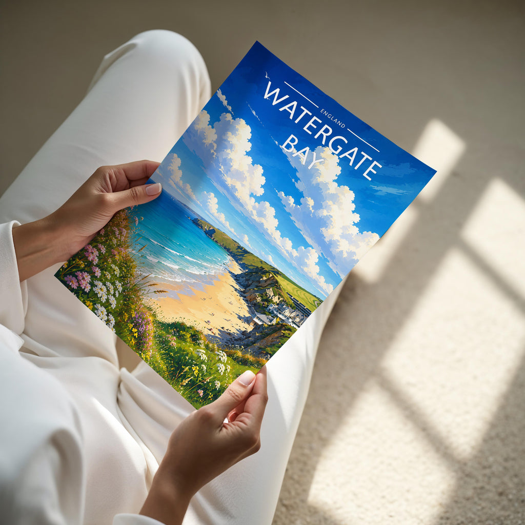 Watergate Bay Travel Poster - A4 print held in hand