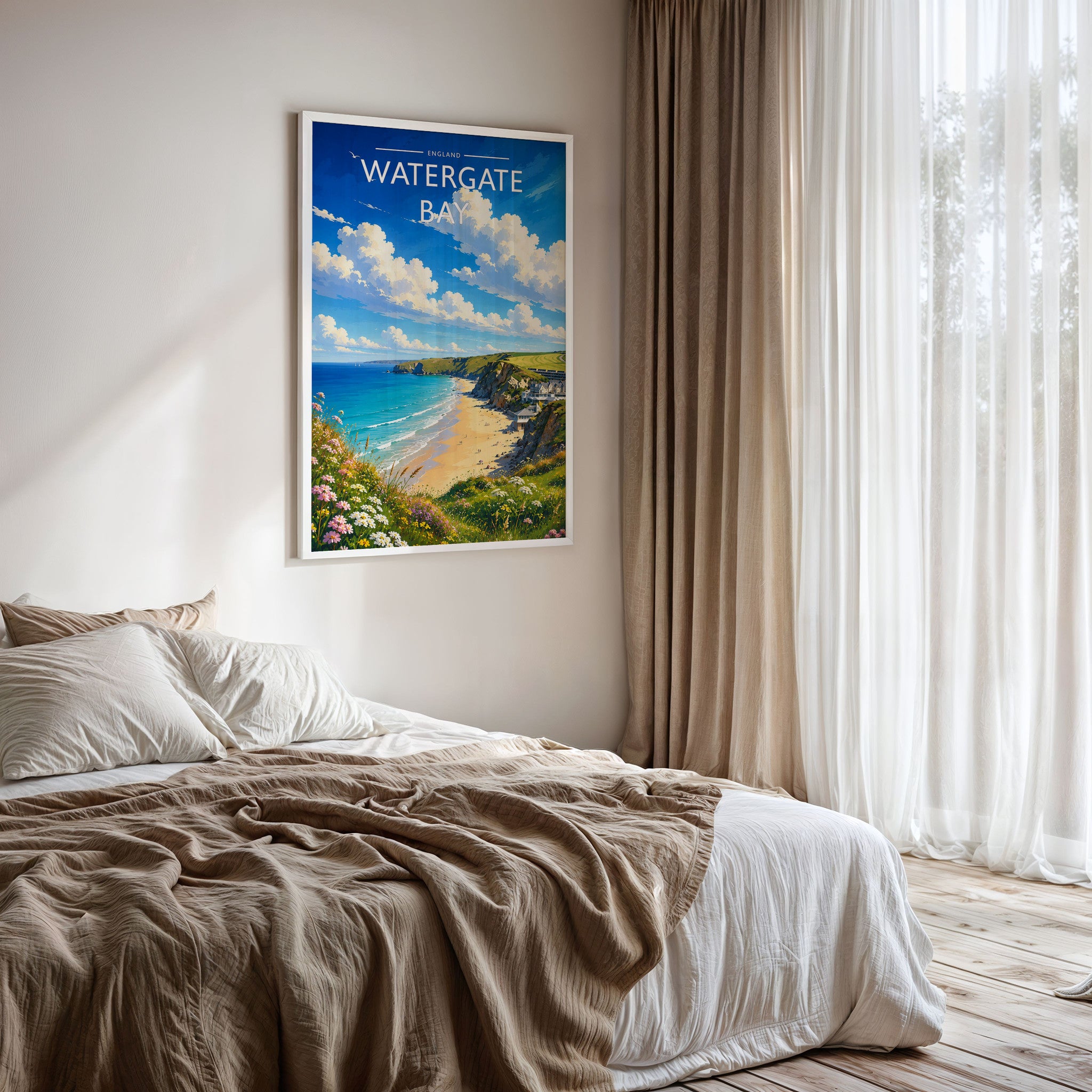 Watergate Bay Travel Poster framed on a bedroom wall