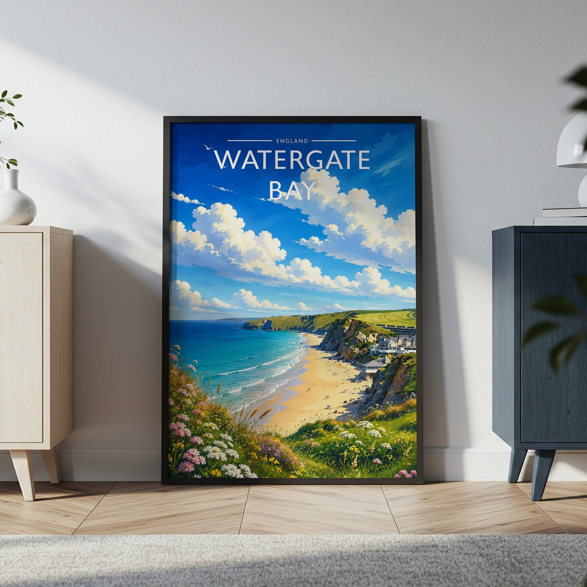 Watergate Bay Travel Poster in a black frame