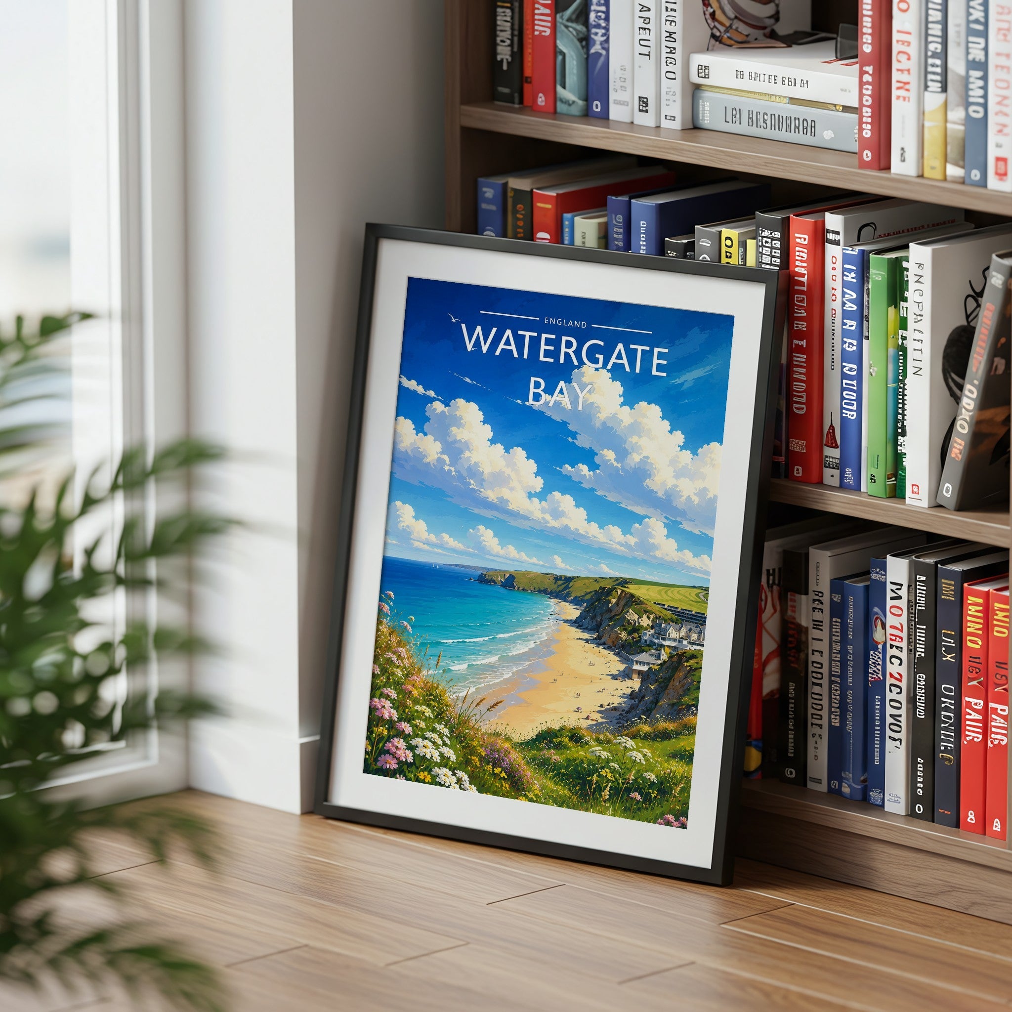 Watergate Bay Travel Poster mounted in a black frame
