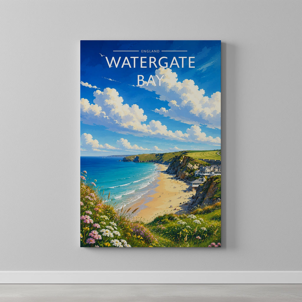 Watergate Bay Travel Poster as a gallery-wrapped canvas on a plain wall