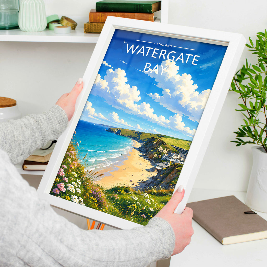 Watergate Bay Travel Poster in a white frame, held to show scale