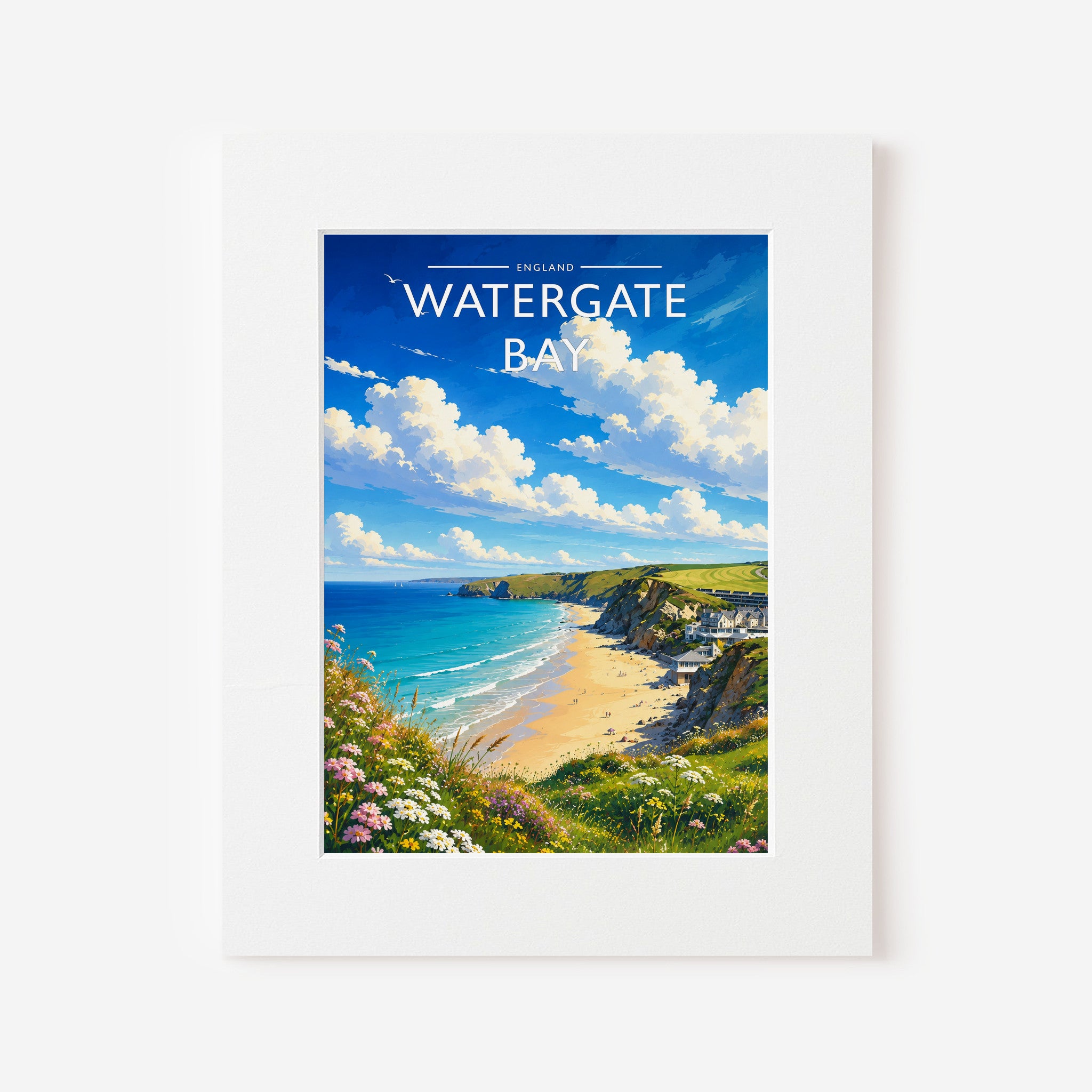 Watergate Bay Travel Poster in a white mount
