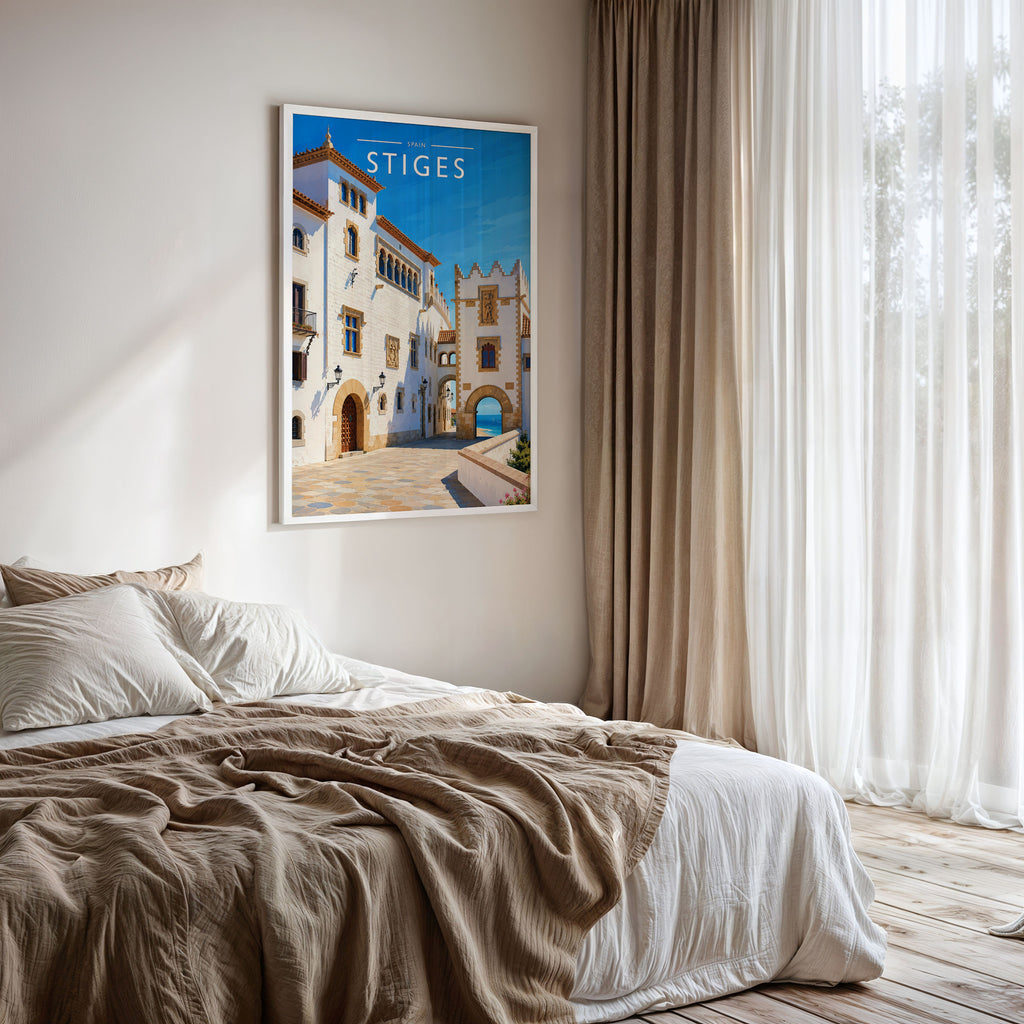 Sitges #2 Travel Poster framed on a bedroom wall