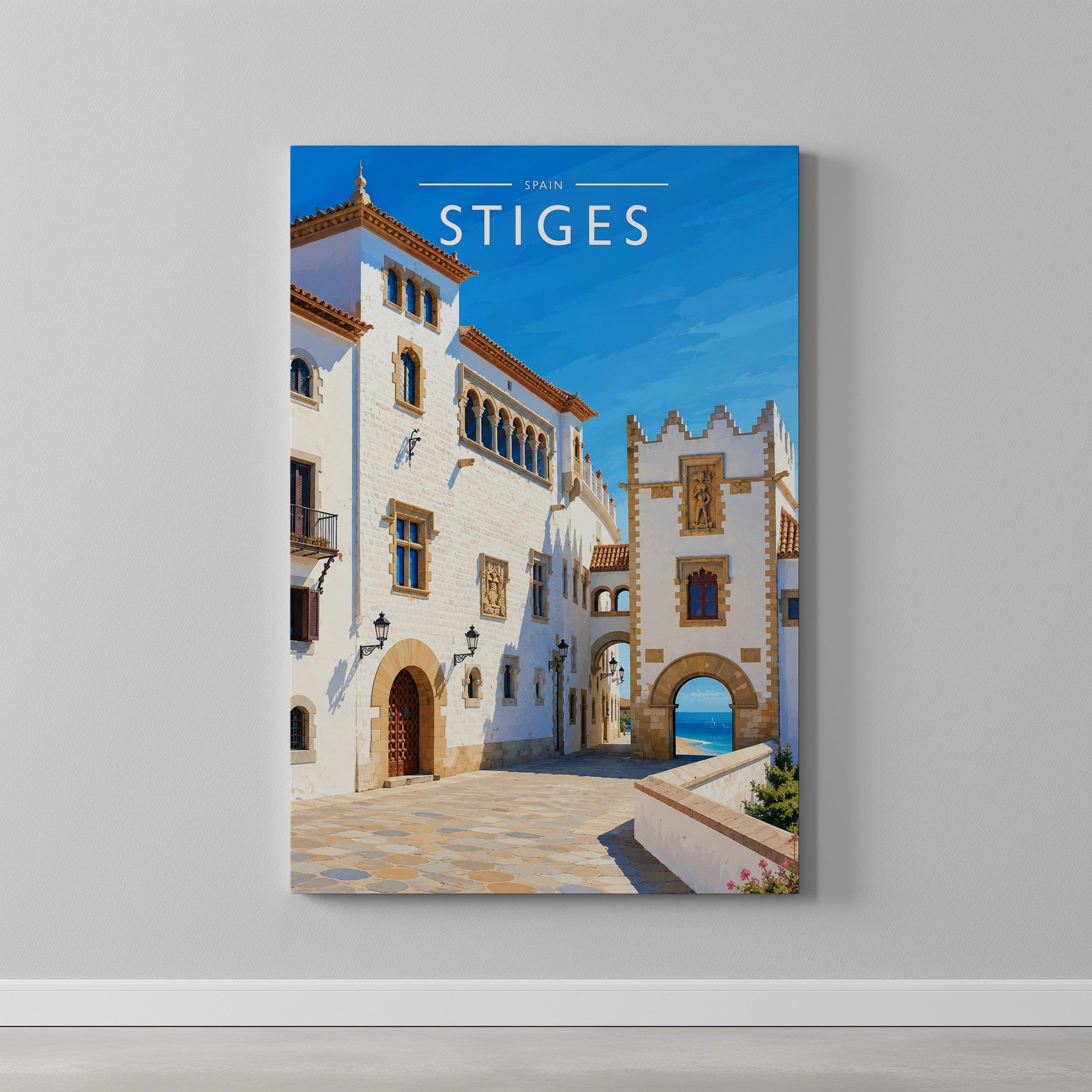 Sitges #2 Travel Poster as a gallery-wrapped canvas on a plain wall