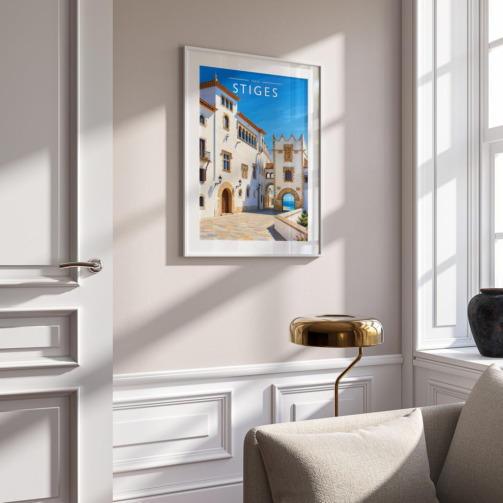 Sitges #2 Travel Poster in a white frame on a panelled wall