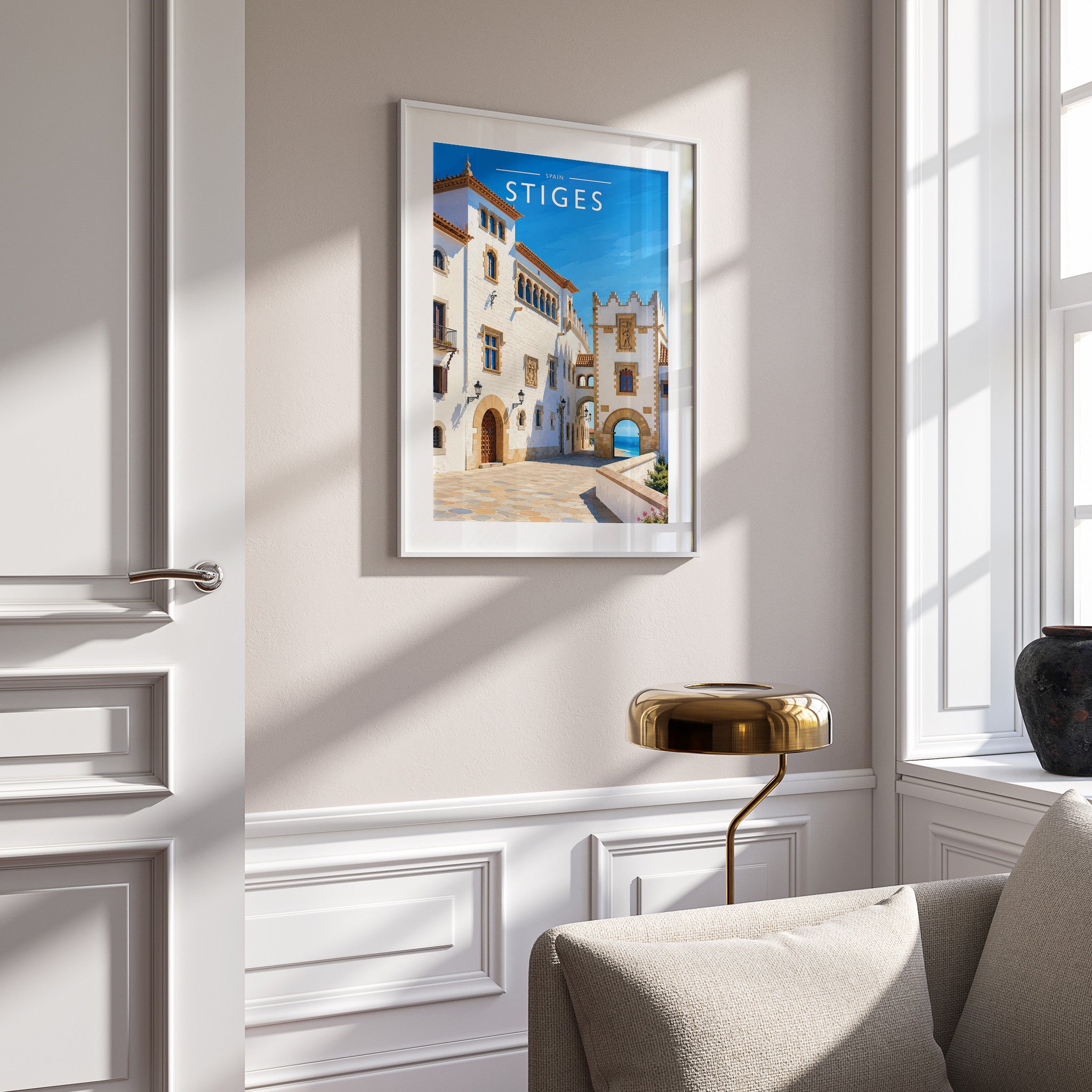 Sitges #2 Travel Poster in a white frame on a panelled wall