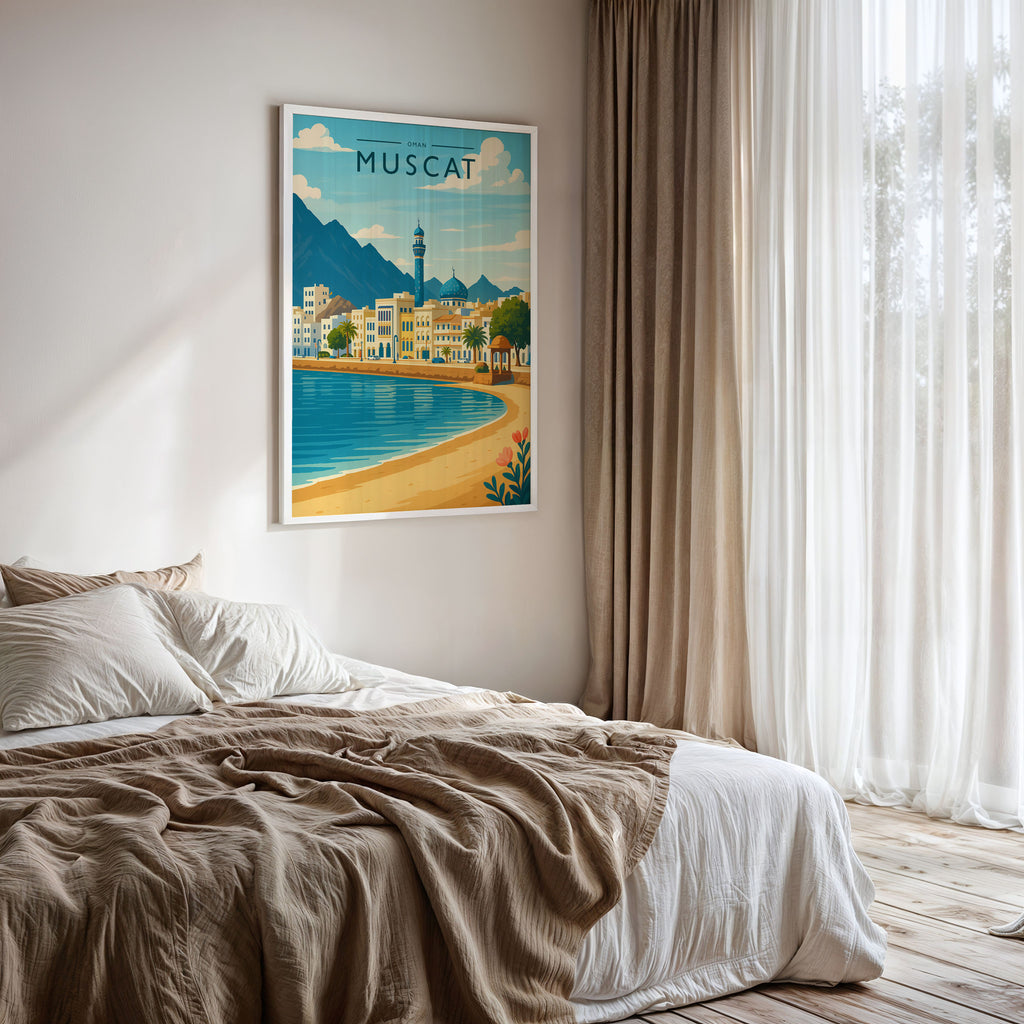 Muscat Travel Poster framed on a bedroom wall