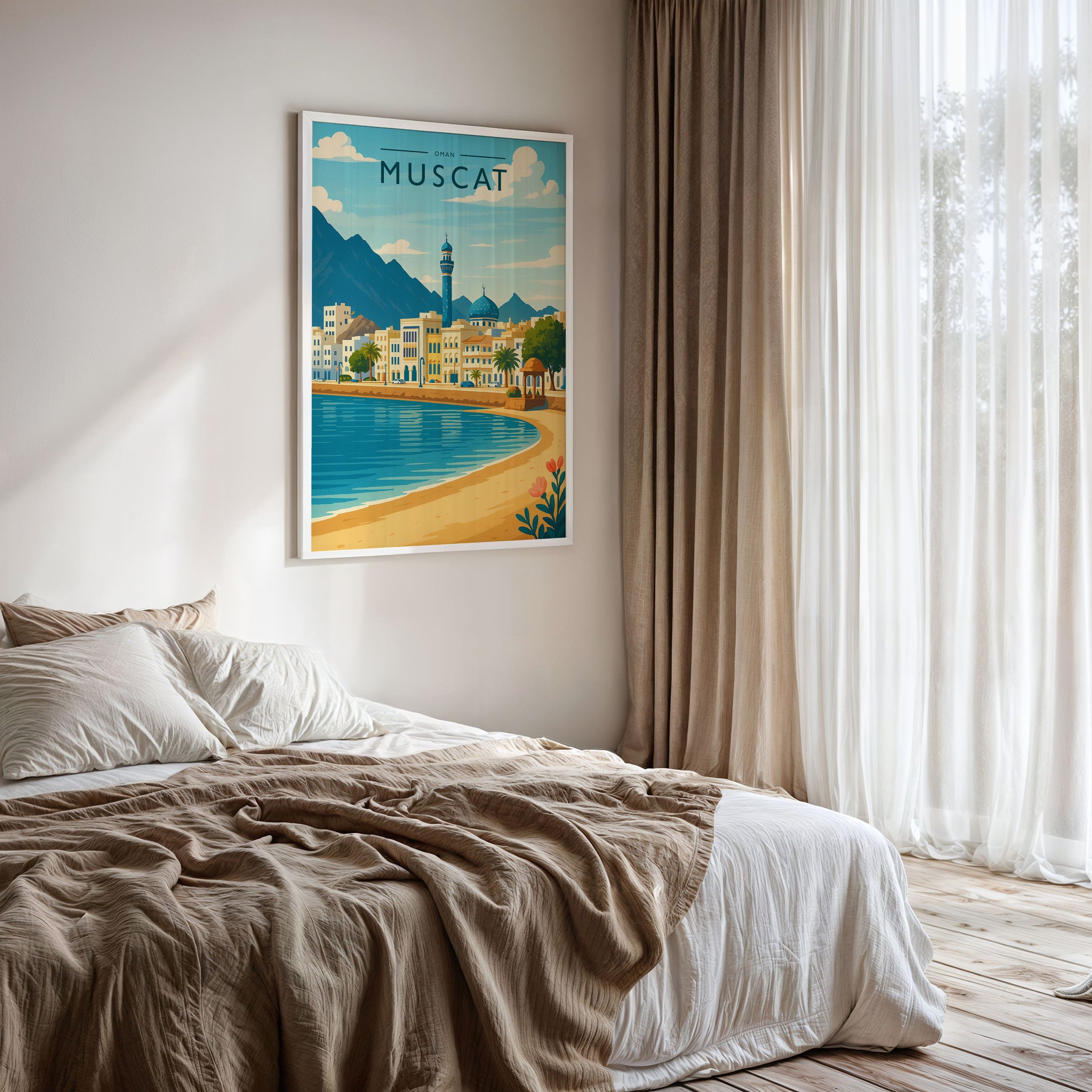 Muscat Travel Poster framed on a bedroom wall
