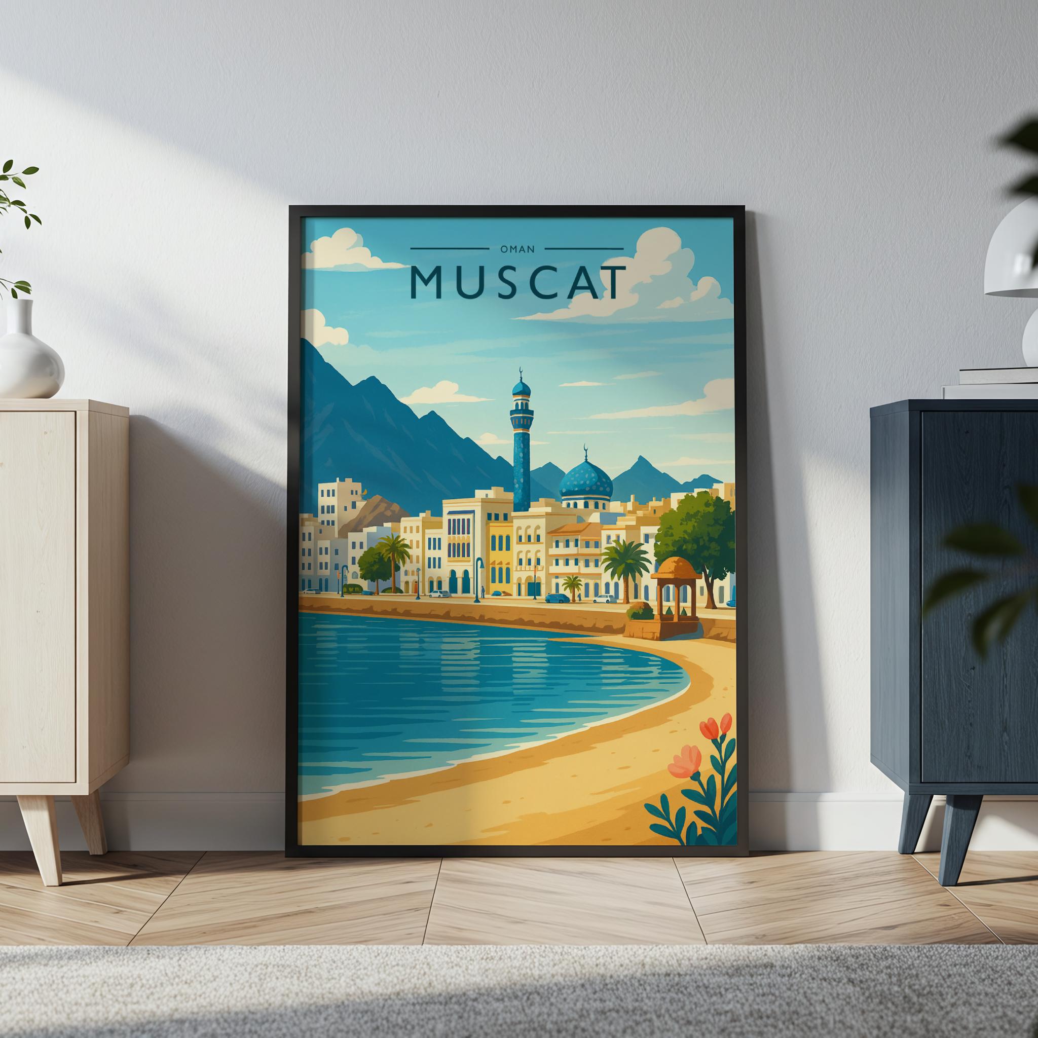 Muscat Travel Poster in a black frame